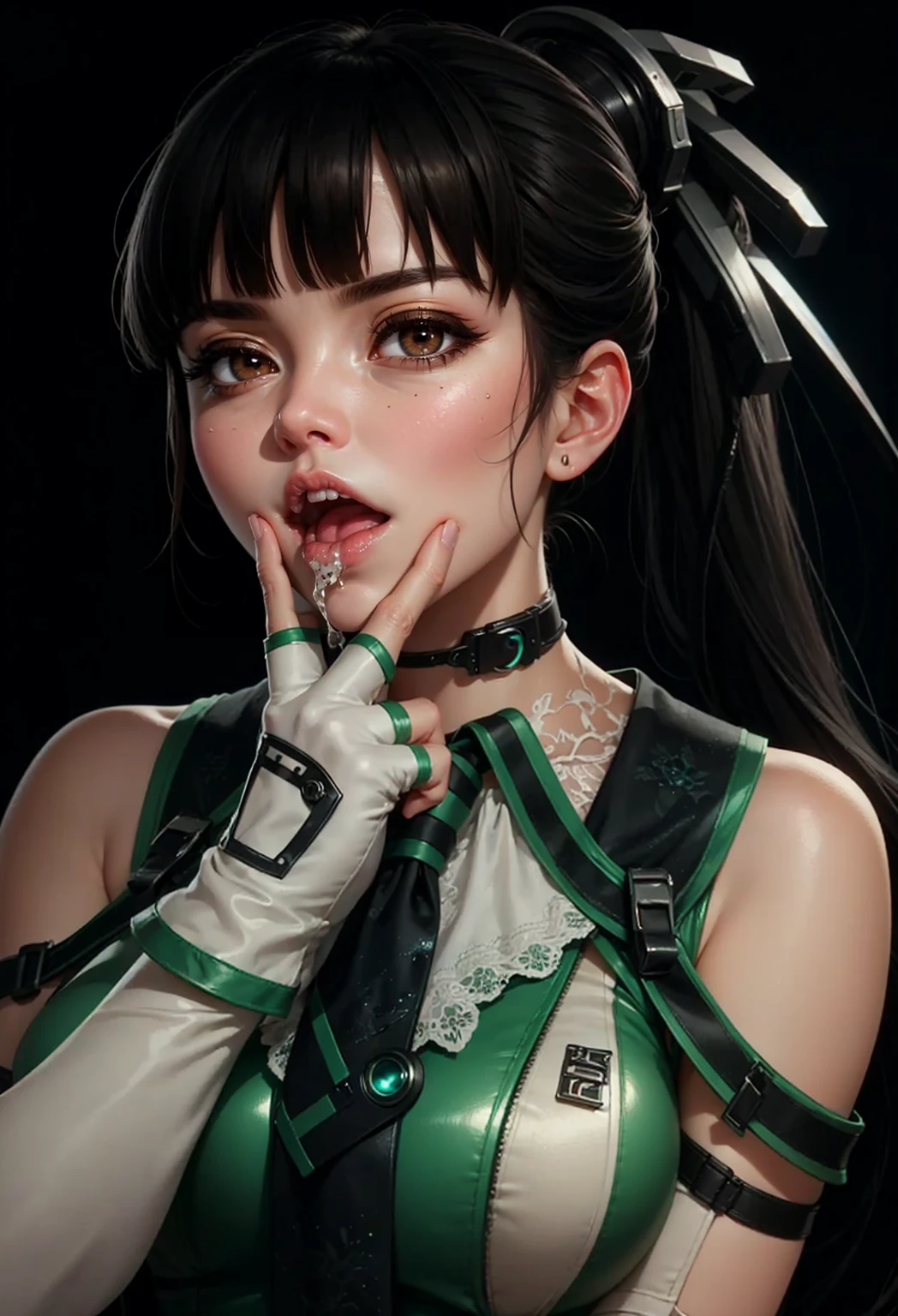 、(masterpiece: 1.3), (Maximum resolution: 1.2), (Ultra HD TV: 1.2), Cinematic Light, 8K resolution, Detailed facial features , (Sharp focus: 1.2),Perfect Style, Beautiful Face,, Anatomically correct, Highly detailed face and skin quality感, Beautiful Eyes,Bright Eyes, Natural Cheeks, Glowing Skin, (Glossy Lips: 1.4),,Highly detailed face and skin quality, Natural Cheeks, , Rui々Beautiful lips,Exposed cleavage、Earrings,(Green and black cheongsam:1.4)、Healthy legs、Bare thighs、Exposed female genitalia、nude crotch,nude hip,nude legs、Blowjob with tongue out、Realistic tongue、Realistic lips、slender、Grasp the male genitalia with both hands、Soft look、A lot of semen、