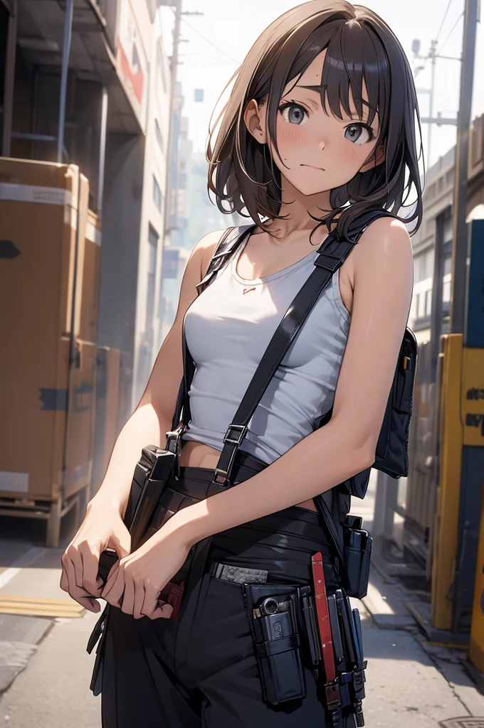 Constraints　後ろ手にConstraintsされる　Girl　Tank tops　suspenders　suit　belt　Moderate breasts　holster　レッグholster　Armament　Beauty　Small face　