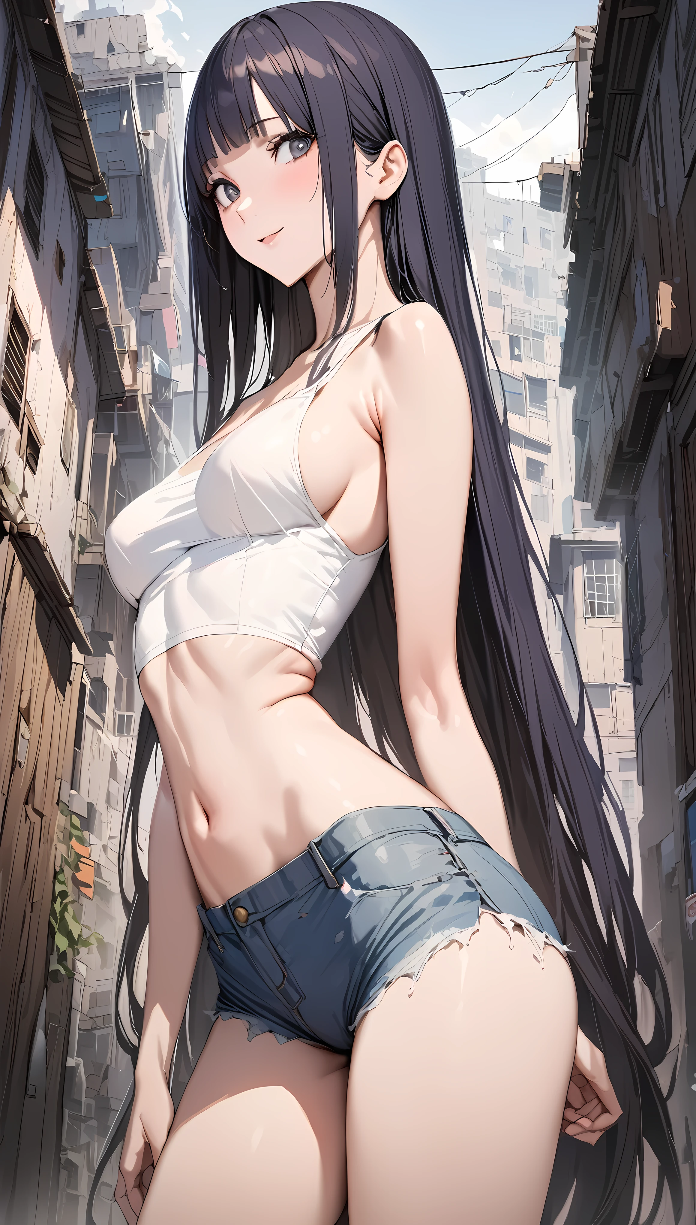 ((masterpiece,best quality anime:1.3,Best Quality)),realistic,cowboy shot,portrait,1woman,young adult,(dark blue hair),straight long hair,bangs,(very small head),gray eyes,(gorgeous big eyes),smile,(very long body),medium breasts,(Combat Uniform、White tank top、Denim shorts),(slender body,toned body),standing,on street,Collapsed Buildings、Dilapidated cityscape、End of the World、