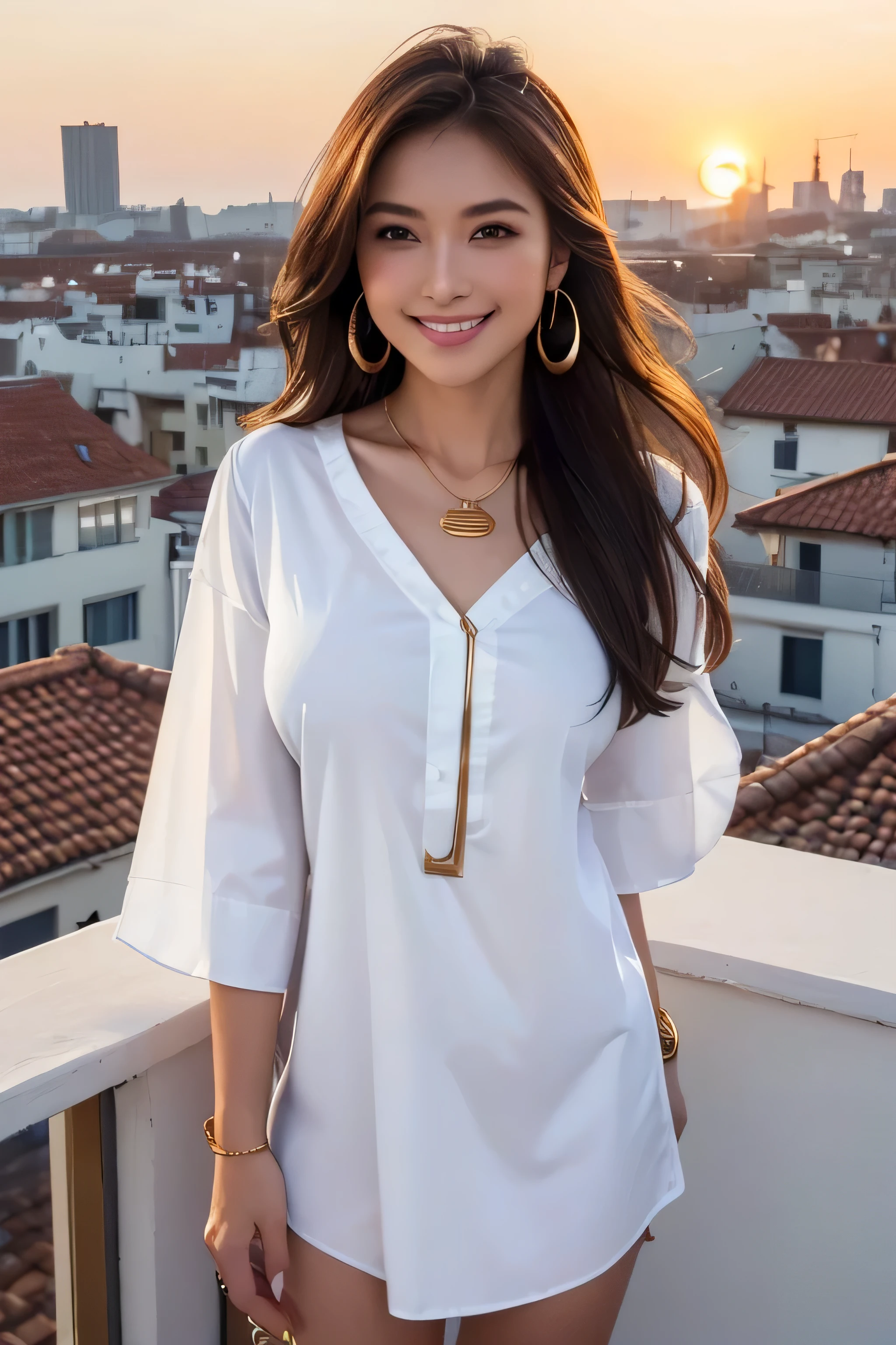 ((((masterpiece, Highest quality, High resolution)))), Extremely detailed 8K, スリムな体を持つsexyな美しい21歳の女性, (Ultra HD, Very detailed, Very detailed, Very realistic, Ultra-realistic, Photo Real),{ Deep writing depth, (Godley:1.2), (bounce front lighting:1.1), (Soft and diffuse lighting:1.6) } (One person:1.5), long wavy brown hair, (ダイナミックなsexyなポーズ), (Very delicate and natural hair:1.3), To the camera, A light smile, (Large and firm breasts: 1.2), (Very delicate and natural face, Very delicate and natural eyes:1.3),(Very delicate and natural clothing:1.2),(Wearing a police officer's uniform, Chest button not fastened, The chest area of the uniform is wide open, I can see your chest:1.6) (Pink nipples sticking out:1.3), Shine, Very sweaty, (Light of the sun, sunlight), sexyな長い脚,sexy, blush, (Ultra-realisticな広大な風景, photogenic scenery:1.1), A big, modern and luxurious city, Standing on the road in front of a police vehicle, Very windy day, Hair blowing in the wind