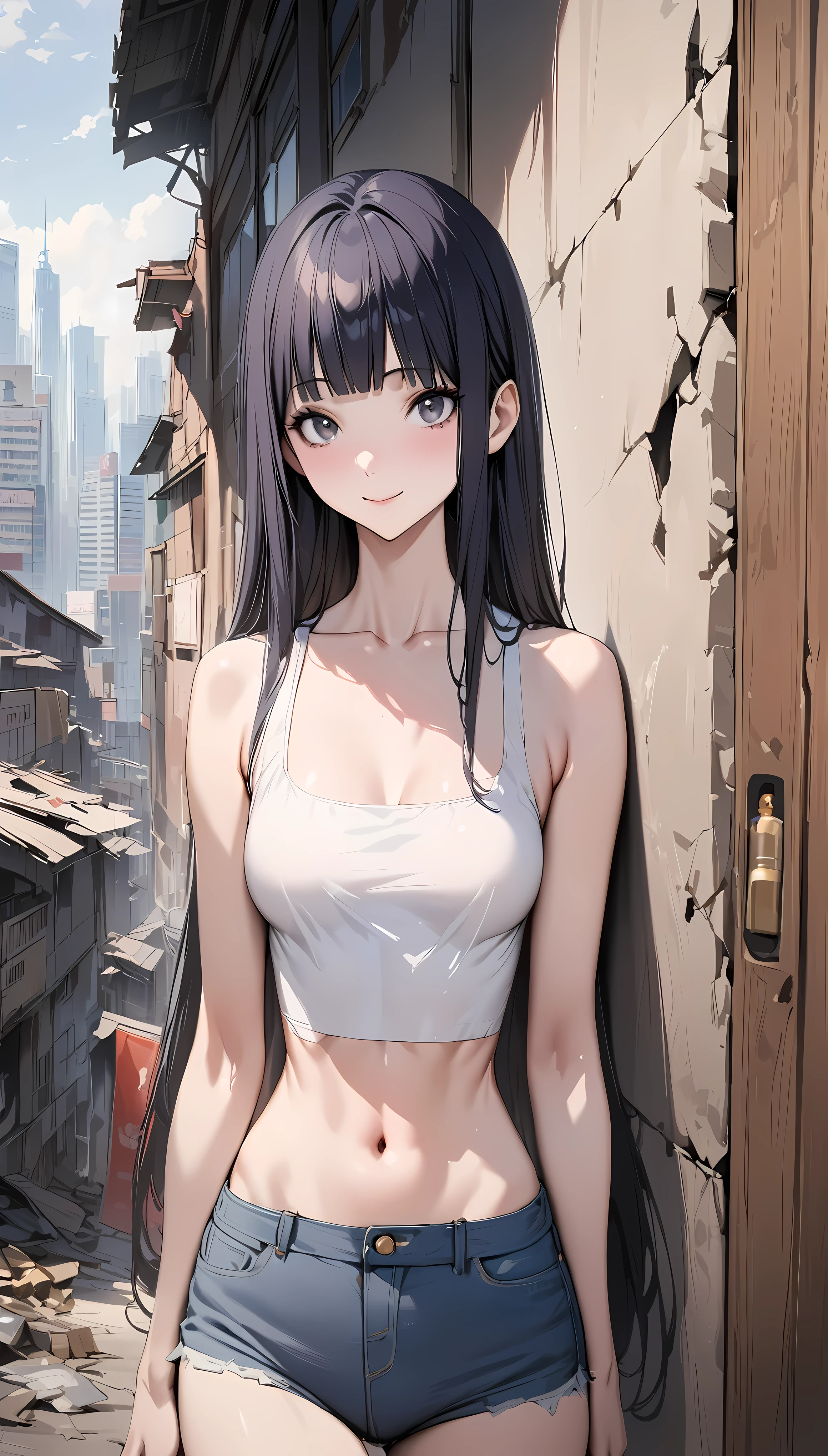 ((masterpiece,best quality anime,Highest quality:1.3)),realistic,cowboy shot,1woman,solo,(30 year old beauty),((very small head:1.4)),((very long body:1.4)),(dark blue hair),straight long hair,(gorgeous big eyes),black eyes,smile,((slender body:1.4,skinny)),medium breasts,(White tube top shirt、navel、Navy blue tight mini skirt)、oily skin:1.2,gleaming skin,shiny skin, bustling street、cyberpunk world、