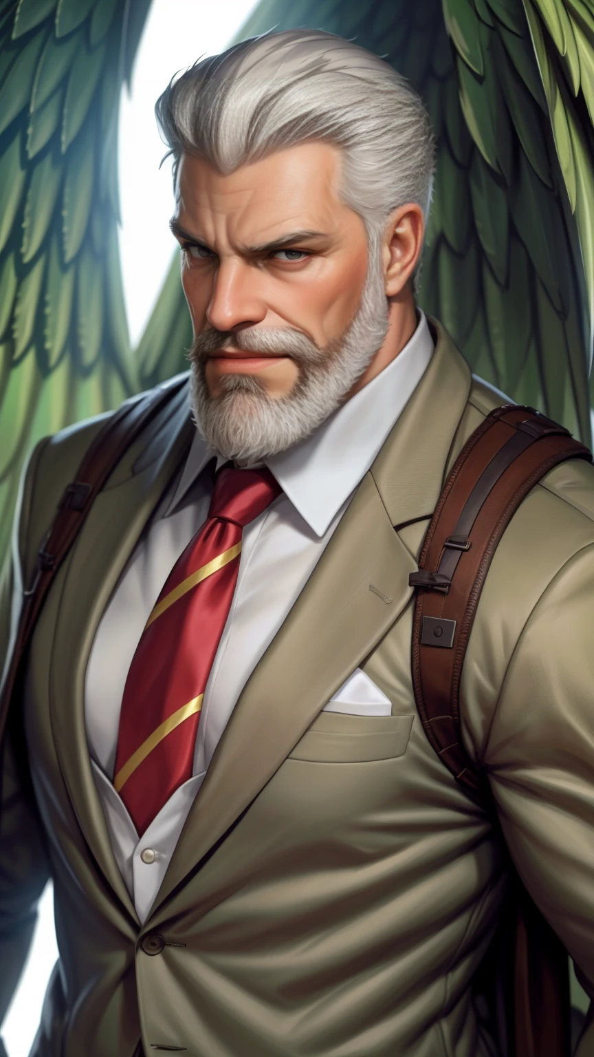 a muscular man, middle-aged, 56 y.o, quiff hairstyle, white hair, white mustache, white beard, gray suitcoat, gray khaki trousers, yellow wings, handsome face, detailed eyes, nose and lips, 8k, high quality, photorealistic, dramatic lighting, cinematic