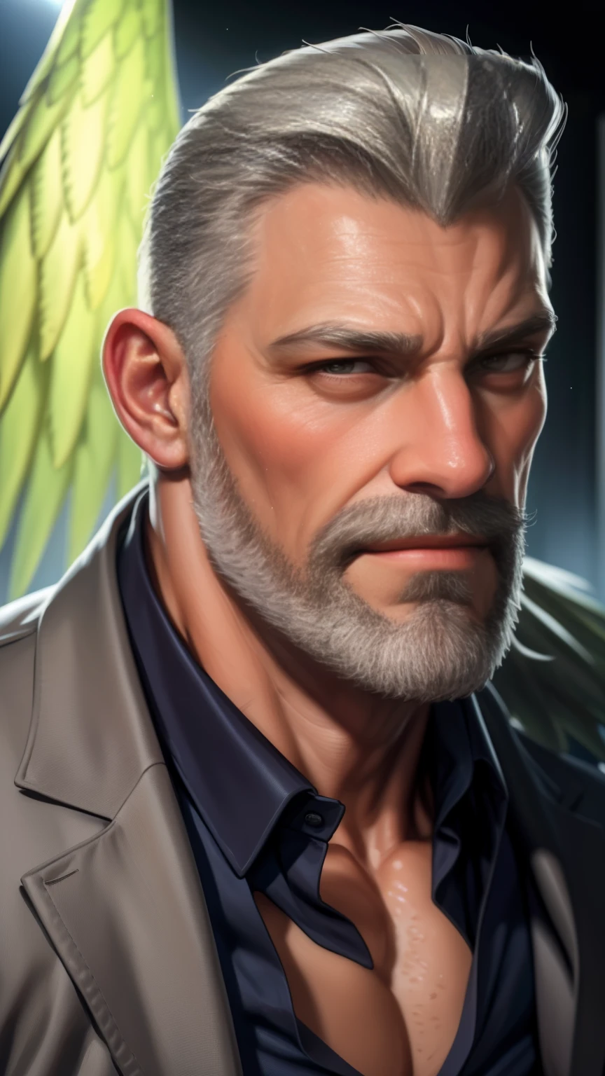 a muscular man, middle-aged, 56 y.o, quiff hairstyle, white hair, white mustache, white beard, gray suitcoat, gray khaki trousers, yellow wings, handsome face, detailed eyes, nose and lips, 8k, high quality, photorealistic, dramatic lighting, cinematic