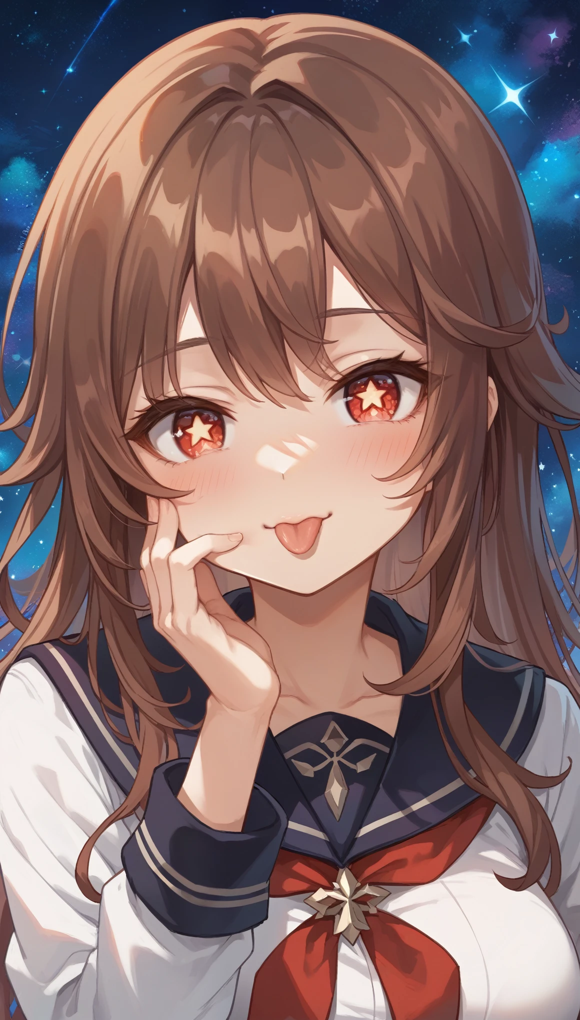 masterpiece，high resolution，Anime Art，Anime Numbers， 4k anime wallpaper，Radiant Skin，Solitary，Genshin Impact Walnut，An anime girl，blush，Cute expression，Hand pinching face，Tongue out，Brown hair，Wearing school uniform，Big breasts，Red star eyes，Close-up of face，Starry sky background