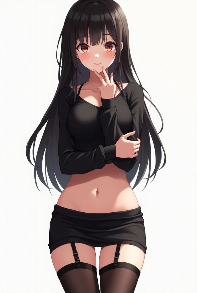 High tail hairstyle, two Ponytail hairstyle, Ponytail hairstyle, Long wavy black hair, standing posing, anime girl style, pixel art anime style,penetrating look with deep eyes,red and purple eyes, hair with a ponytail hairstyle trapped with a big red bun, women, red hair clips, x color shaped hair clips , smiling face blush, next to his bed, Skirt, tank top, Black hair, big thighs, NSFW, Skirt fluttering in the wind, perfect panty, from below, viento levantando su Skirt haciendo que se le vea el panty, hands in fist , Skirt fluttering in the wind, Skirt levantada, black fur, black hair, black hair
