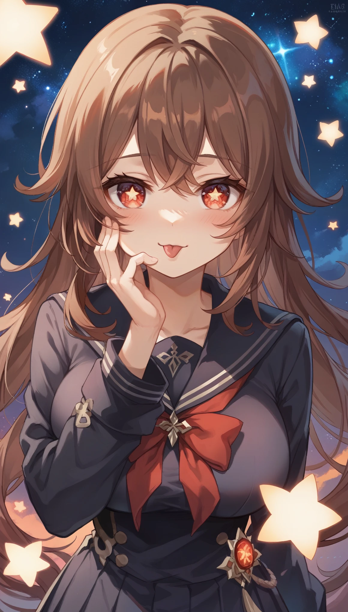 masterpiece，high resolution，Anime Art，Anime Numbers， 4k anime wallpaper，Radiant Skin，Solitary，Genshin Impact Walnut，An anime girl，blush，Cute expression，Hand pinching face，Tongue out，Brown hair，Wearing school uniform，Big breasts，Red star eyes，Close-up of face，Starry sky background