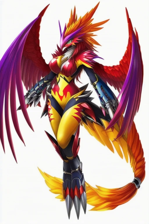 score_9, score_8_up, score_7_up,  (An Anthro furry wolf girl, yellow furry body, red hair, tail,  wolf snout, black nose, MaleniaRot, wings, covered eyes, scar, butterfly, bug, nude, prosthetic arm, prosthetic leg), naked, nipples, , majestically floating, holding a golden curved sword, simple brown background, 