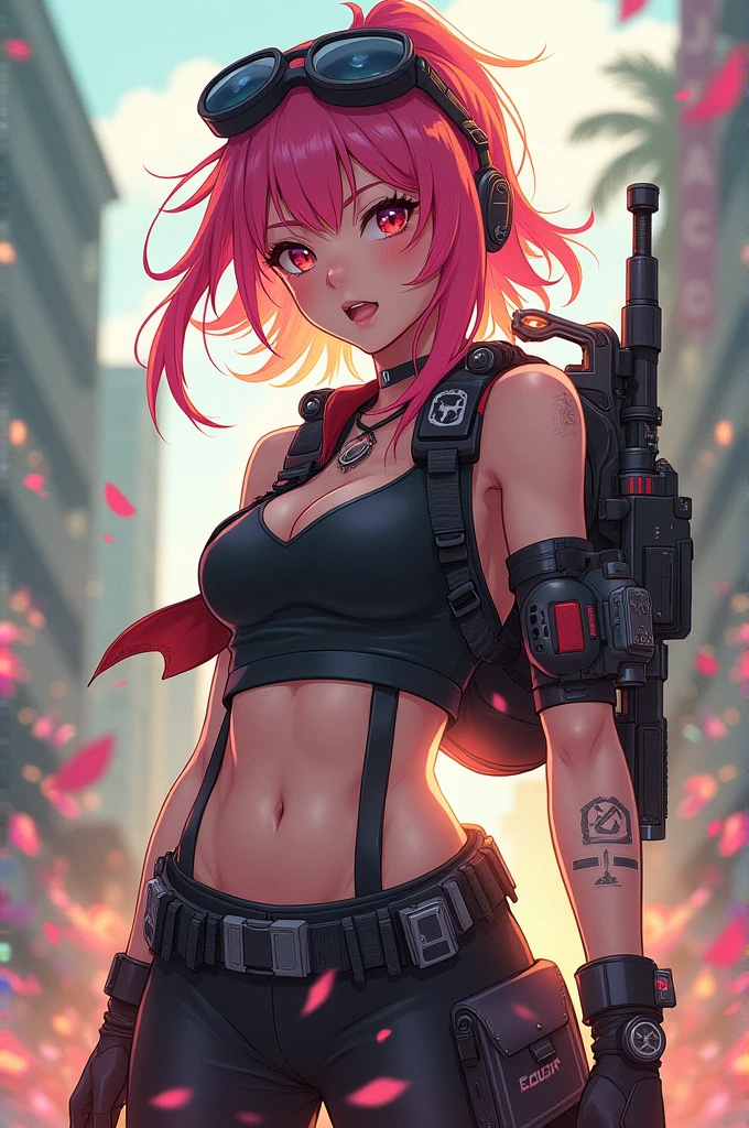 girl similar to gorillaz noodle, ((drawing)) , with a red mohawk, multiple tattoos and scars. She is wearing only underwear, striped knee-high socks, and black boots. The character is carrying a large green rocket launcher on her shoulders, with a small toy tank at her feet. She also holds a dangling pink doll in one hand. The background is a solid yellowish color with a worn and aged appearance, giving the image a retro style. a touch of humor and quirky elements."