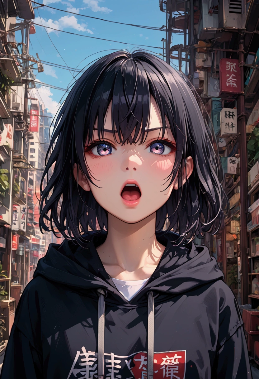 One girl, Shortcuts, Black Hair, Bangs between the eyes, Open your mouth a little, Anatomically correct, Glare、Black hoodie