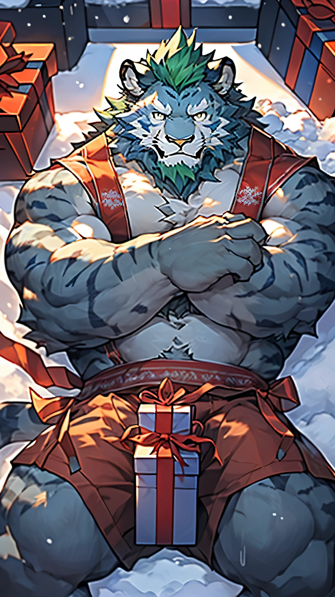 Dark Green Chinese Dragon Grandpa,Gray fur,Topless, mammal, hairy,Gray Eyes,upscale hotel,goggles,moon tattoo,elder,Chest muscles,Cover your crotch with your hands,Normal head-to-body ratio