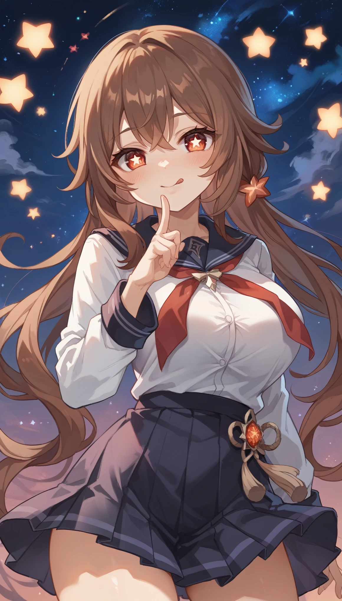 masterpiece，high resolution，Anime Art，Anime Numbers， 4k anime wallpaper，Radiant Skin，Solitary，Genshin Impact Walnut，An anime girl，blush，Cute expression，finger，Tongue out，Brown hair，Wearing school uniform，Short skirt，Big breasts，Red star eyes，Upper body close-up，Starry sky background