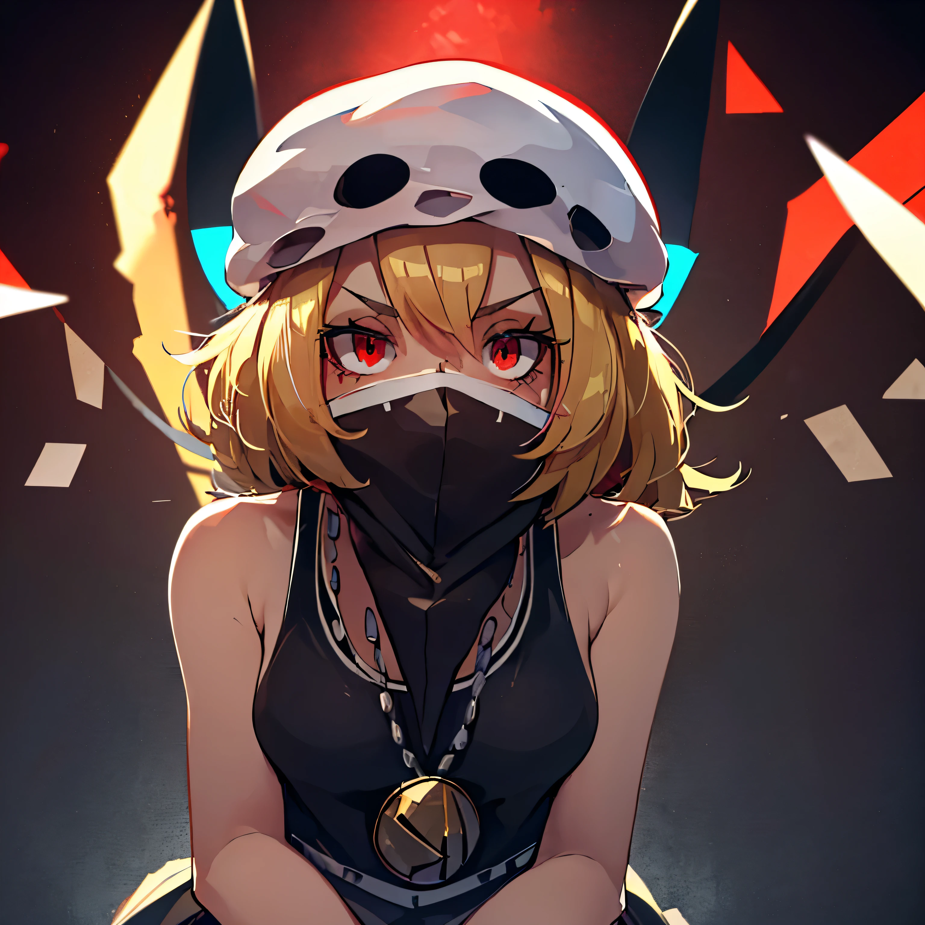 (insanely detailed, beautiful detailed face, masterpiece, best quality), ((masterpiece)),((best quality)),(highres), bokeh, looking at viewer, solo, 1girl, cowboy shot, skullgrunt, covered mouth, bandana, hat, tank top, short shorts, wristband, jewelry, necklace, small breasts, flandre_scarlet_touhou, blonde_hair, wings, red_eyes, crystal, bangs, one_side_up, ribbon, bow, hair_between_eyes, red_bow, red_ribbon, hat_ribbon, short_hair, (((all fours, crawl, crwling))), ass, looking from back, view from back, from back, from behind