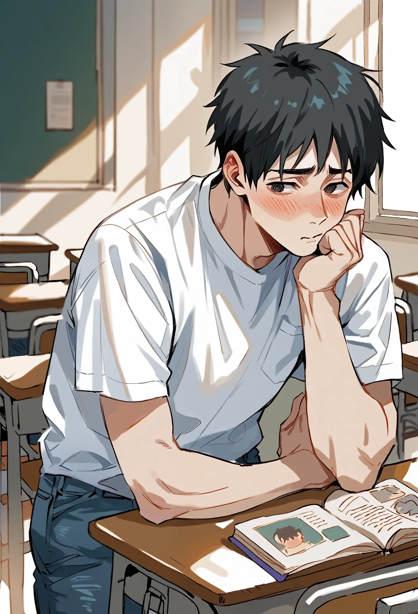 with messy black hair, school，shy，blush. He always wears a simple white t-shirt and jeans., and has a peculiar hunched posture.(1man), Alone, beautiful detailed eyes, classroom, books,  illustration