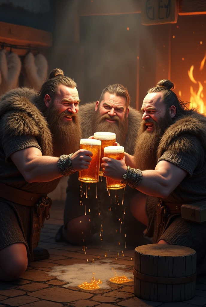 a lively tavern in a dwarf city, cheerful dwarven warriors drinking, extremely detailed, intricate fantasy scene, epic, cinematic lighting, warm colors, highly detailed, 8k, masterpiece, photorealistic, physically-based rendering, professional, vibrant colors, dramatic lighting, dynamic poses, intimate details, cozy atmosphere, rustic tavern interior, wooden furniture, glowing lanterns, flowing ale, roaring fireplace, detailed facial features, beards, braids, tattoos,detailed