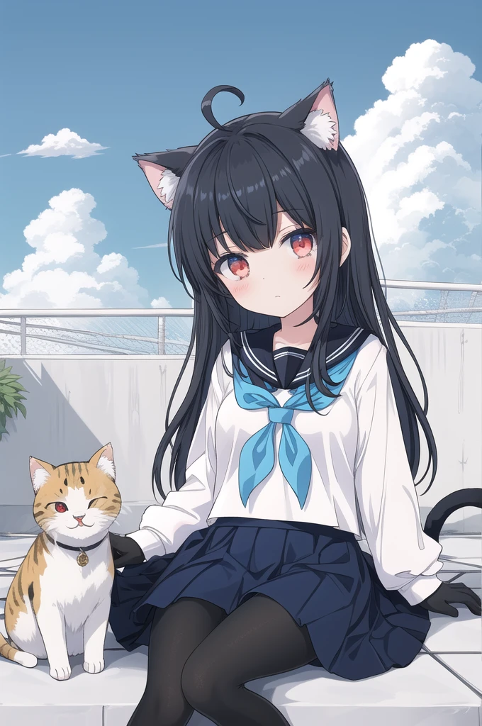 ((masterpiece, best quality)),a girl, solo, skirt, sky, sitting, pantyhose, serafuku, cloud,black gloves, outdoors, neckerchief ,day, bangs, fence, shirt, ahoge, rooftop, long hair, white pantyhose, black hair, school uniform, white sailor collar, red eyes, sailor collar, blue skirt, red neckerchief, blue serafuku, animal ears, blue sky, long sleeves, blue shirt, looking at viewer, closed mouth,cat ears, chain-link fence, pleated skirt, cloudy sky, 