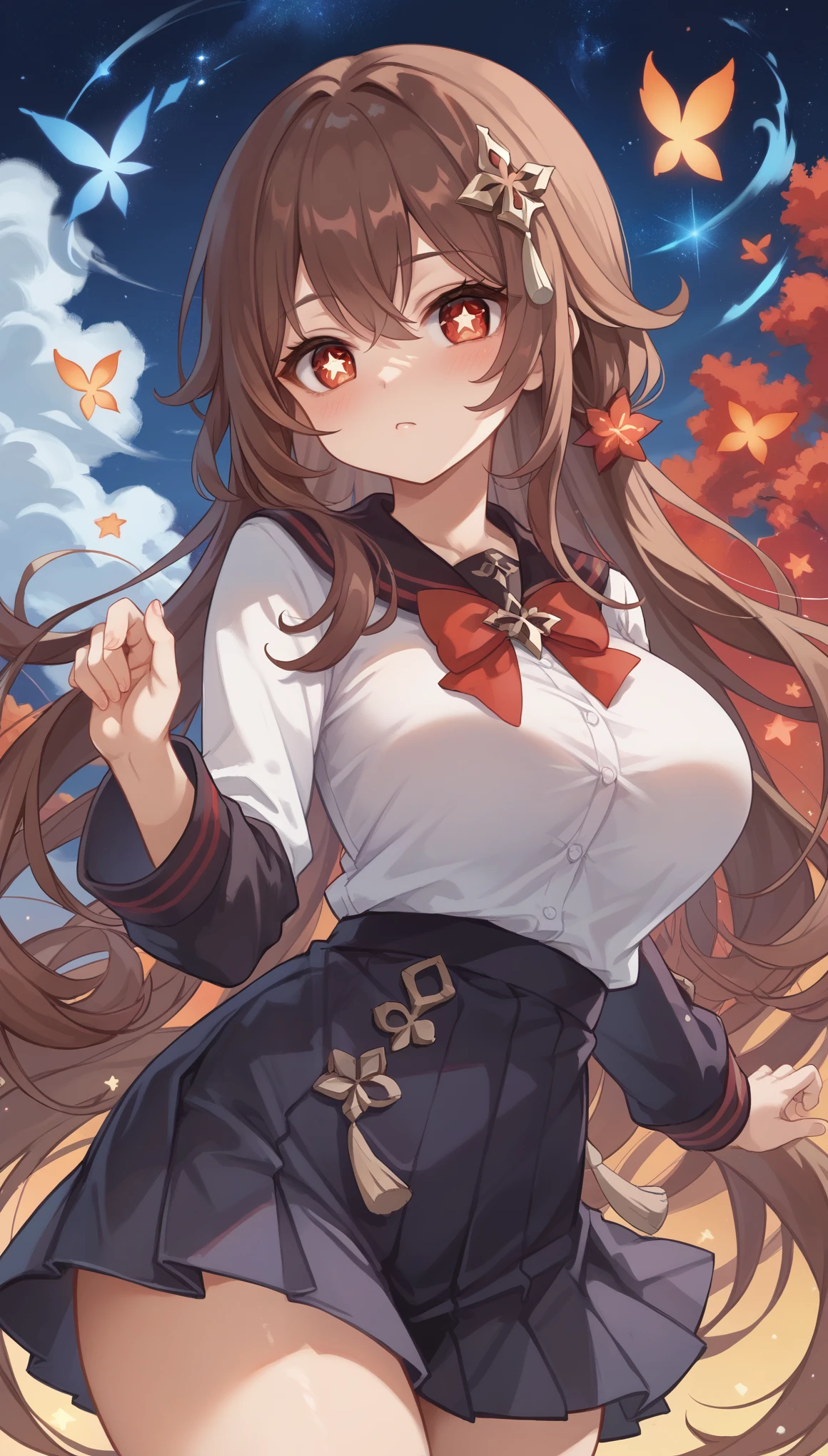 masterpiece，high resolution，Anime Art，Anime Numbers， 4k anime wallpaper，Radiant Skin，Solitary，Genshin Impact Walnut，An anime girl，blush，Cute expression，Brown hair，Wearing school uniform，Short skirt，Big breasts，Red star eyes，Upper body close-up，Starry sky background