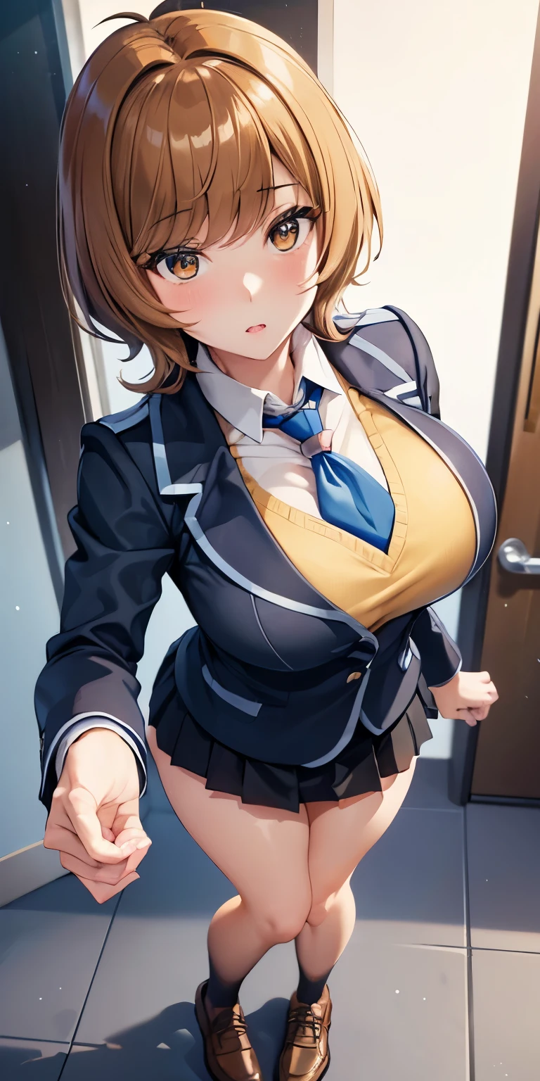 1 Female,High definition,high resolution,Ultra-realistic,8K, hmza, short hair, antenna hair, brown eyes, school uniform,( blue necktie), (yellow shirt),(black jacket), long sleeves, black skirt,tight skirt , miniskirt, big breasts,European,sexy,Upper body close-up,Photographed from the front,Dynamic Angles,red neon lights,black underwear,(blush:1.3), , nipples ,(show tits),(wide tighs:1.3),(wide hips:1.1),((show nipples)),((show tits)),(blush:1.3),upper body 