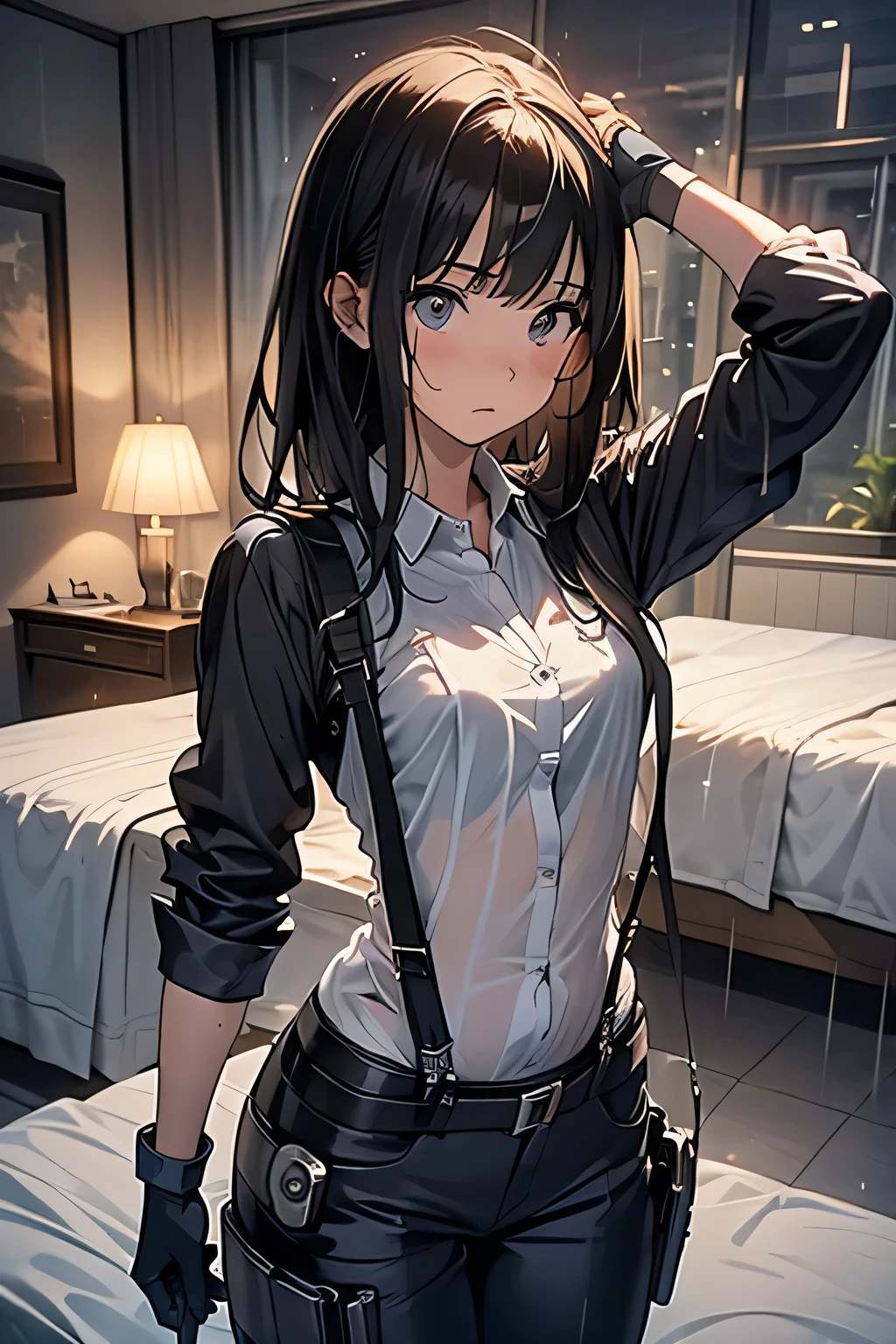 1 female, , high quality, masterpiece, Ultra-high resolution, , Cinema Lighting, , , And the suspenders with the cranes flying Large Breasts Small face holster Lying in bed Looking up Sweat belt summer Black Hole Gloves suit shirt Black trousers Leg Links ズボンにbelt holster Hands behind your back Anxious expression Looking up Anxious face, legs apart Armament Handgun handcuffs Cable ties holster holster See-through clothing heavy rain Getting wet in the rain