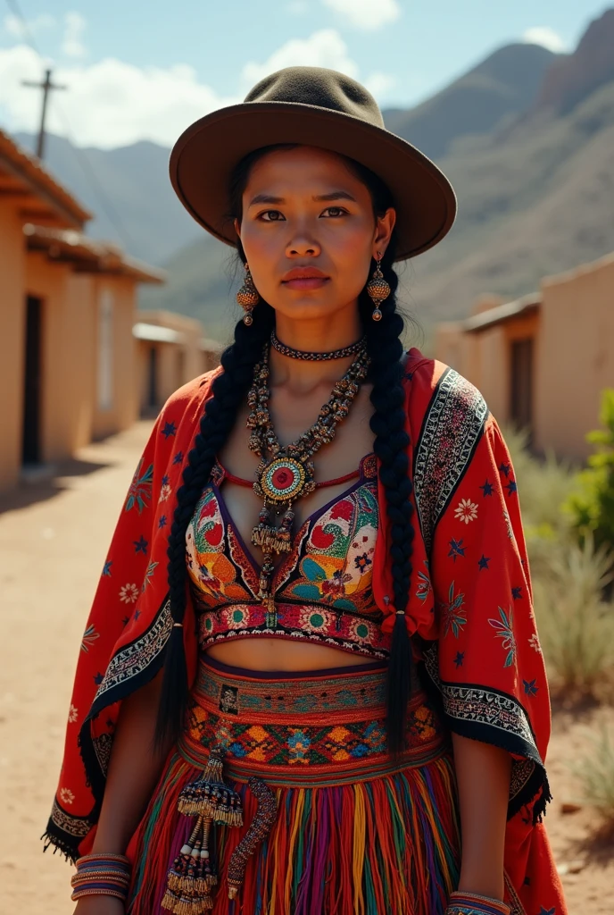 distinctive elements of Colombian indigenous crafts. En el centro, se observa una figura humana ataviada con coloridos tejidos Wayuu, symbol of the rich textile tradition of this community. A su alrededor, Various elements are displayed that represent other indigenous artistic expressions.