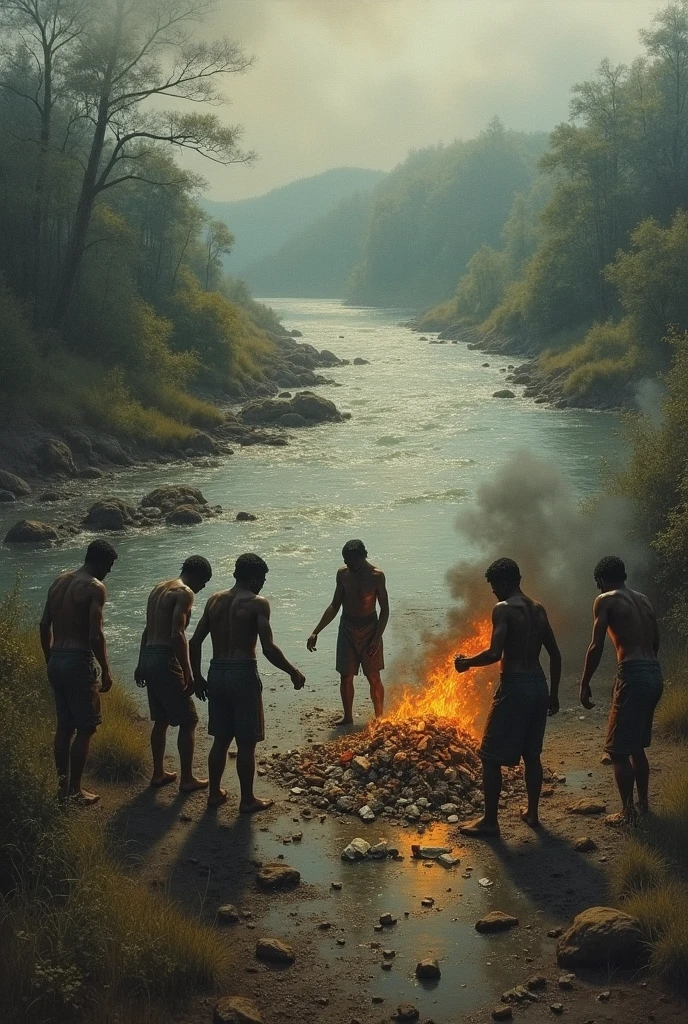 A prehistoric landscape with caves, dense vegetation and a group of hominids around a camp lit by fire.