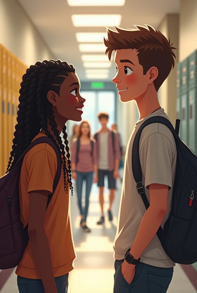  A photo where a blond boy with turquoise eyes and a brunette girl, beautiful curly hair, mixed white skin and blue eyes are talking to each other and behind a girl with brown eyes Black hair légèrement frisé with bangs looks at them crying in au milieu d'une foule at university version pixar 2d. La fille au cheveux curly is flou. The girl who crying is not flou like the blond boy. Nobody is flou