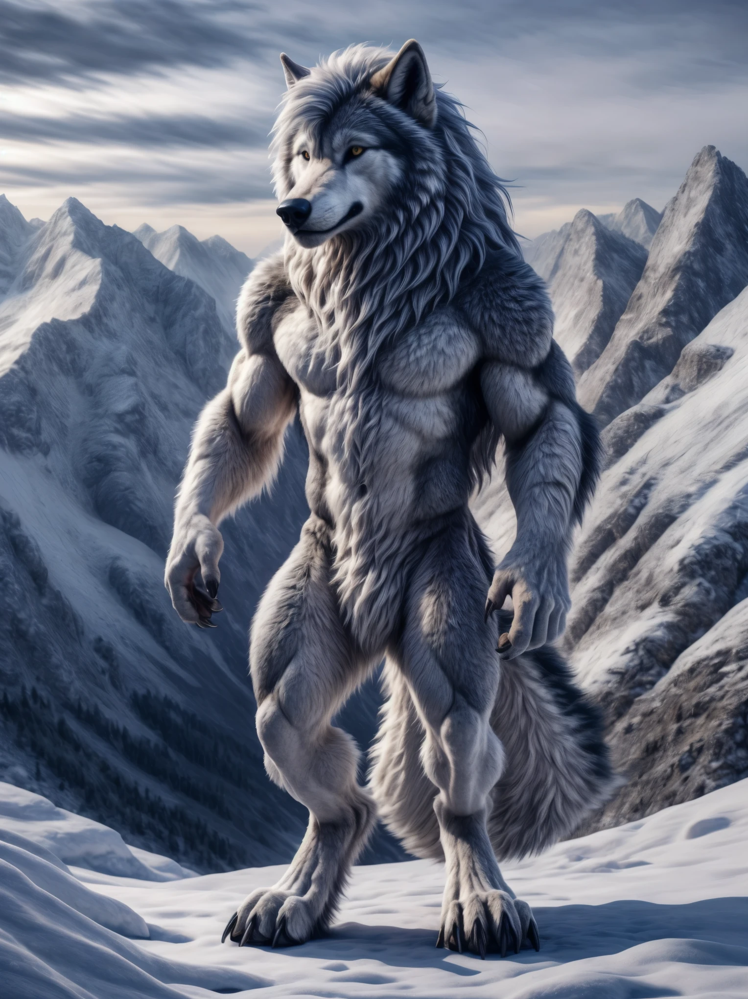 Full body, Polarwolf, Male, is standing, Fuzzy, Front view, with mane, Claws on fingers and toes, very detailed fur, in the mountains, highest quality, photorealistic, high resolution, visually breathtaking (Detailed lighting)