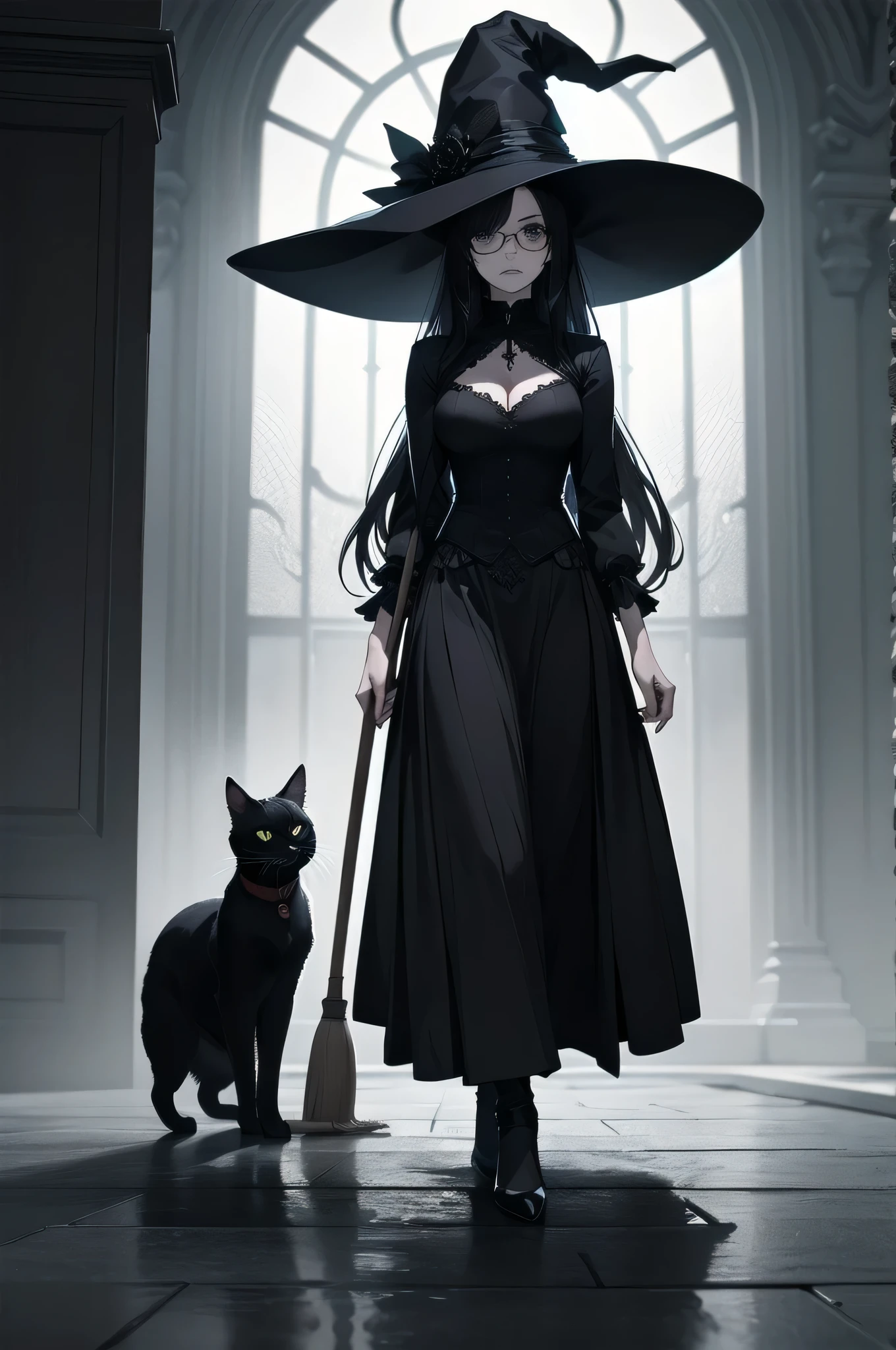 beautiful girl、cute、baby face、Glasses、Black Hair、Long Hair、Straight Hair、Bangs、bangsBangs、Hime cut、Mine system、Long skirt、Black pumps、Magic Broom、Witch's Broom 、witch、witch hat、beautiful girl、Gothic Dress、Long Dress、Big Breasts、Slim body、There is a black cat at your feet、2 black cats、(Best Quality,4K,High resolution,Masterpiece 1.2),Very detailed,Real 1.37,Spooky altar background,Dark fantasy,Black color scheme,Ominous atmosphere,Eye-catching,Storytelling,Anime Style,Concept Art,Inappropriate behavior,,beautiful, Delicate facial features, pale Skin, Dark background、Dim lighting、Dark background, Cinema Lighting, Dramatic Shadows, Gothic, Gloomy atmosphere, Dark fantasy, One person&#39;S, Red cheeks, ,(Expressionless 1.3),Scary smile, Creepy Smile,Twisted Smile、Creepy background,(Spooky atmosphere 1.3),Horror Style, ((Frilled black costume)), ((Flowing Black Hair)), Female Curves, Sexy flat stomach, Perfect hands, Perfect anime character face, (Black Dress)), Standing, ((Wicked Smile)), ,(Dark fantasy1.3), Moonlight Illumination, night lighting, (Blood splatter 1.3),Anime Angel Design, GothicArchitecture、Victorian architecture、Western architecture、Fantasy World、,Victorian city, Skeleton Gas Light,Absurd, High resolution、 ((Tabletop)), ((Best Quality)), (Very detailedな), ((Very detailed)), (beautiful), ((cute)), One personで,(1.6)、beautiful face、Full Body Ezbian、pale, beautiful肌、Big Breasts、beautiful black hair、Long Hair、Smiling Kindly、Dark building ruins、(snow white&#39;Frill dress 1.3)、(The dark ruins are 血まみれ 1.3)、Low angle full body shot、(Glasses 1.2)、(Creepy 1.3)、(The girl lost a lot of blood..............1.3)、(Crazy Smile 1.6)、（Glasses 1.5）、Wearing Glasses、Droopy eyes、Glasses、Gothic Dress、bangs, Long Hair, Black Hair、bangs、Hime cut、Dark fantasy 、background、black lace blouse、黒のフリルLong skirt、There is a black cat at your feet、