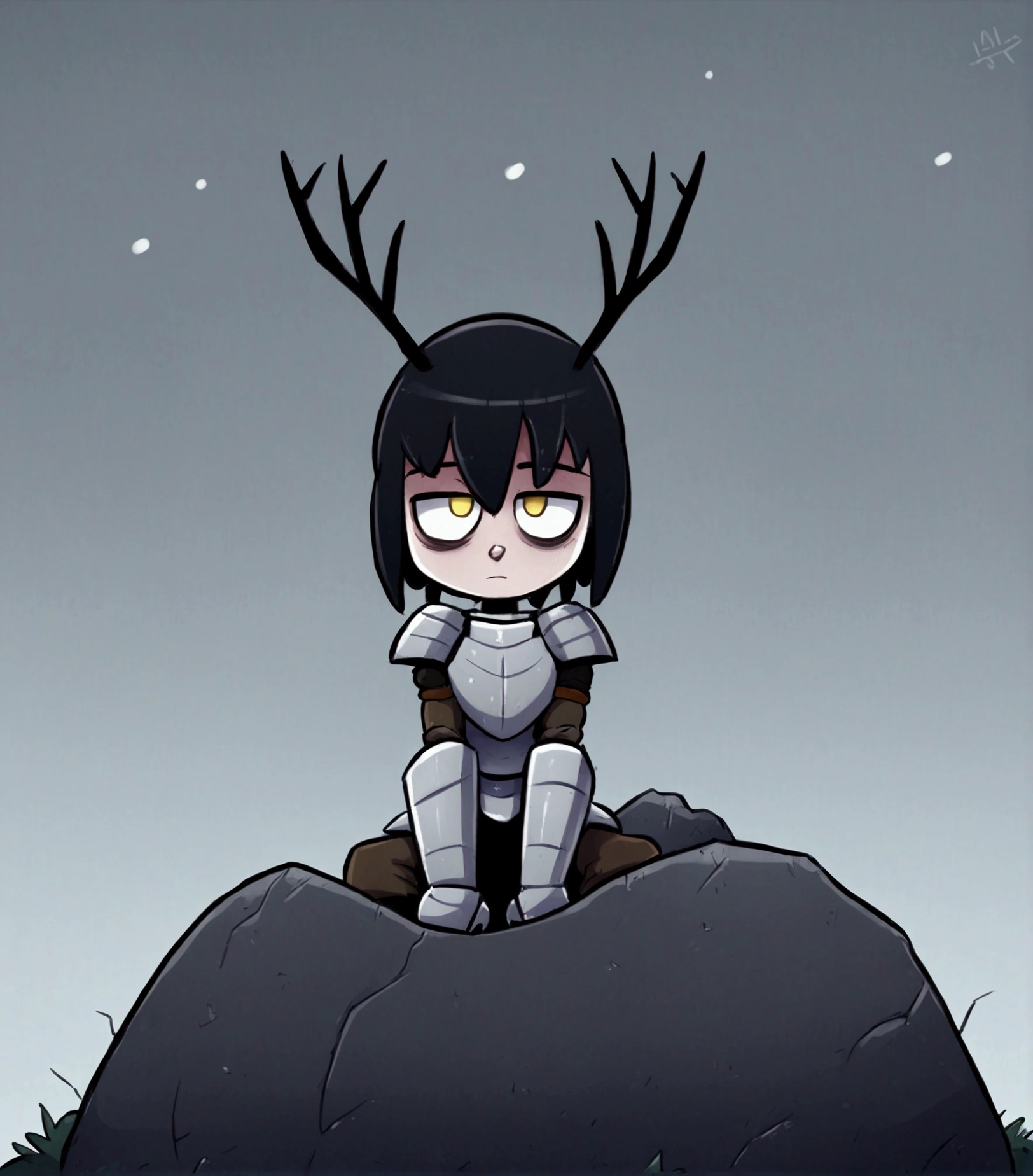 1 girl, solo, knight&#39;s armor, Half mask in the form of a skull with deer antlers, tired look, yellow eyes, bags under the eyes, sitting on a rock, Broken armor, Short hair Hair, long bangs, Black hair, black, , winter, Grey sky, clouds, Falling snow, Grey sky, Dim white sun, Knight&#39;s helmet on the ground.