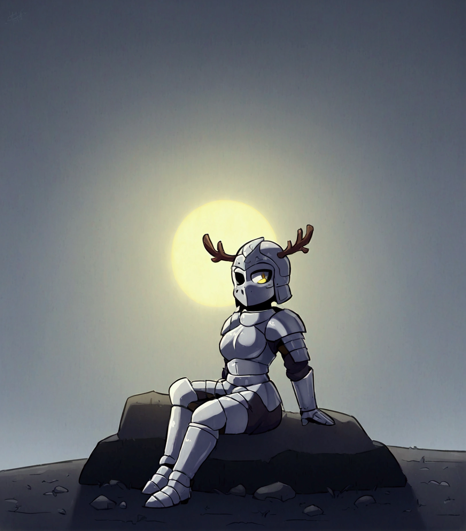 1 girl, solo, knight&#39;s armor, Half mask in the form of a skull with deer antlers, tired look, yellow eyes, bags under the eyes, sitting on a rock, Broken armor, Short hair Hair, long bangs, Black hair, black, , winter, Grey sky, clouds, Falling snow, Grey sky, Dim white sun, Knight&#39;s helmet on the ground.