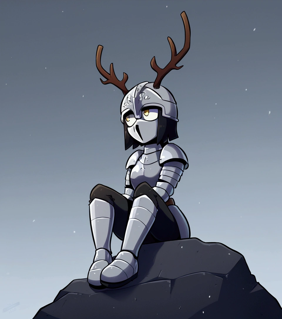 1 girl, solo, knight&#39;s armor, Half mask in the form of a skull with deer antlers, tired look, yellow eyes, bags under the eyes, sitting on a rock, Broken armor, Short hair Hair, long bangs, Black hair, black, , winter, Grey sky, clouds, Falling snow, Grey sky, Dim white sun, Knight&#39;s helmet on the ground.