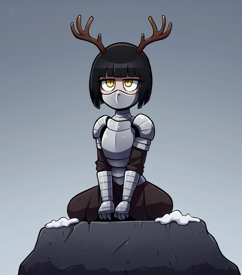 1 girl, solo, knight&#39;s armor, Half mask in the form of a skull with deer antlers, tired look, yellow eyes, bags under the eyes, sitting on a rock, Broken armor, Short hair Hair, long bangs, Black hair, black, , winter, Grey sky, clouds, Falling snow, Grey sky, Dim white sun, Knight&#39;s helmet on the ground.