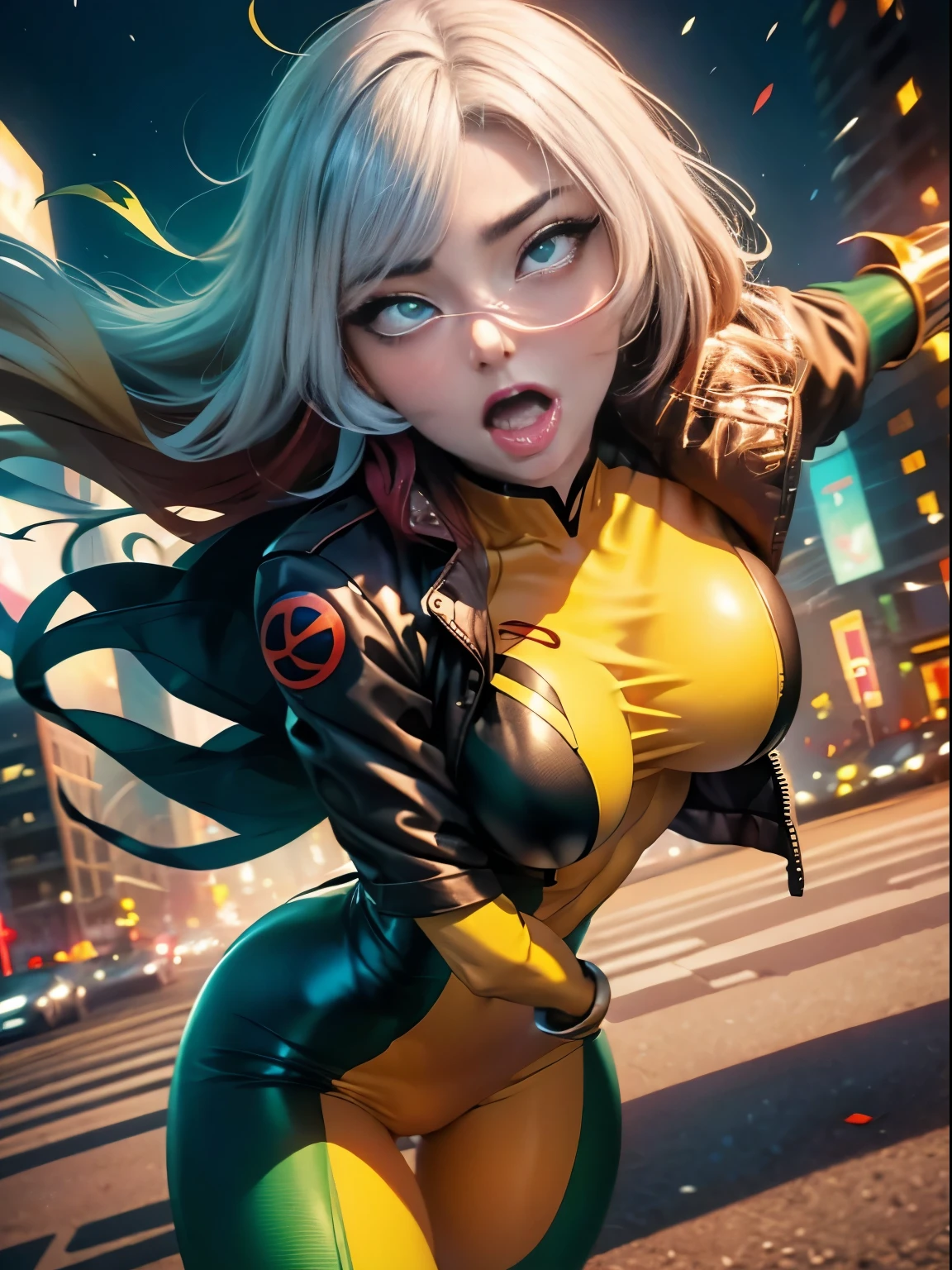 ((SUPERHEROINE ROGUE)) , ((She has long hair)), (She is wearing her uniform), (masterpiece, best quality) 1girl, Alone, (sexy, Pretty woman, Perfect face, perfect eyes), (cowboy shot:1.5), (ROGUE:1.5), (ahegao:1.5), (rolling eyes:1.5), nipples, dynamic pose, superhero battle pose. . ((((action)))), ((movement)), (((motion))), ((dynamic)), background, a city in the night, city lights, blur background.
