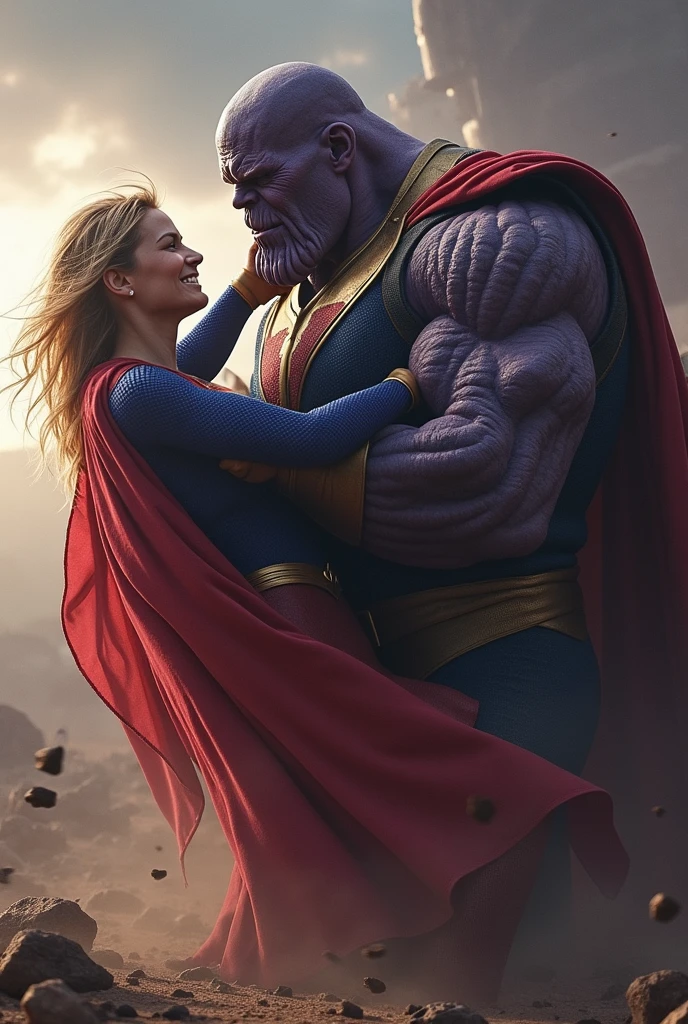 DC Comics Parasite a tall, muscular mutant man with purple skin, sharp teeth, white eyes, bulging veins, wearing tight white shorts is hugging from behind the frightened Supergirl from the CW series Supergirl. Front view.