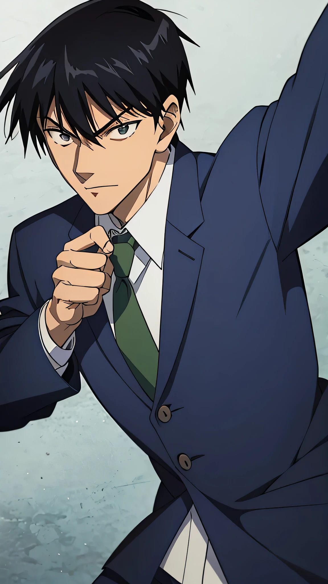 fushiguro toji, 1male, solo, dark blue suit, green necktie, dark blue slack, black hair, murder face, fight with 10yakuza