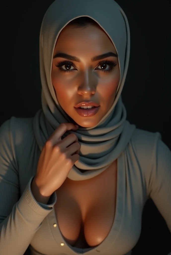 A girl with long hair wearing hijab, bra, gold chain big boobs sexy look