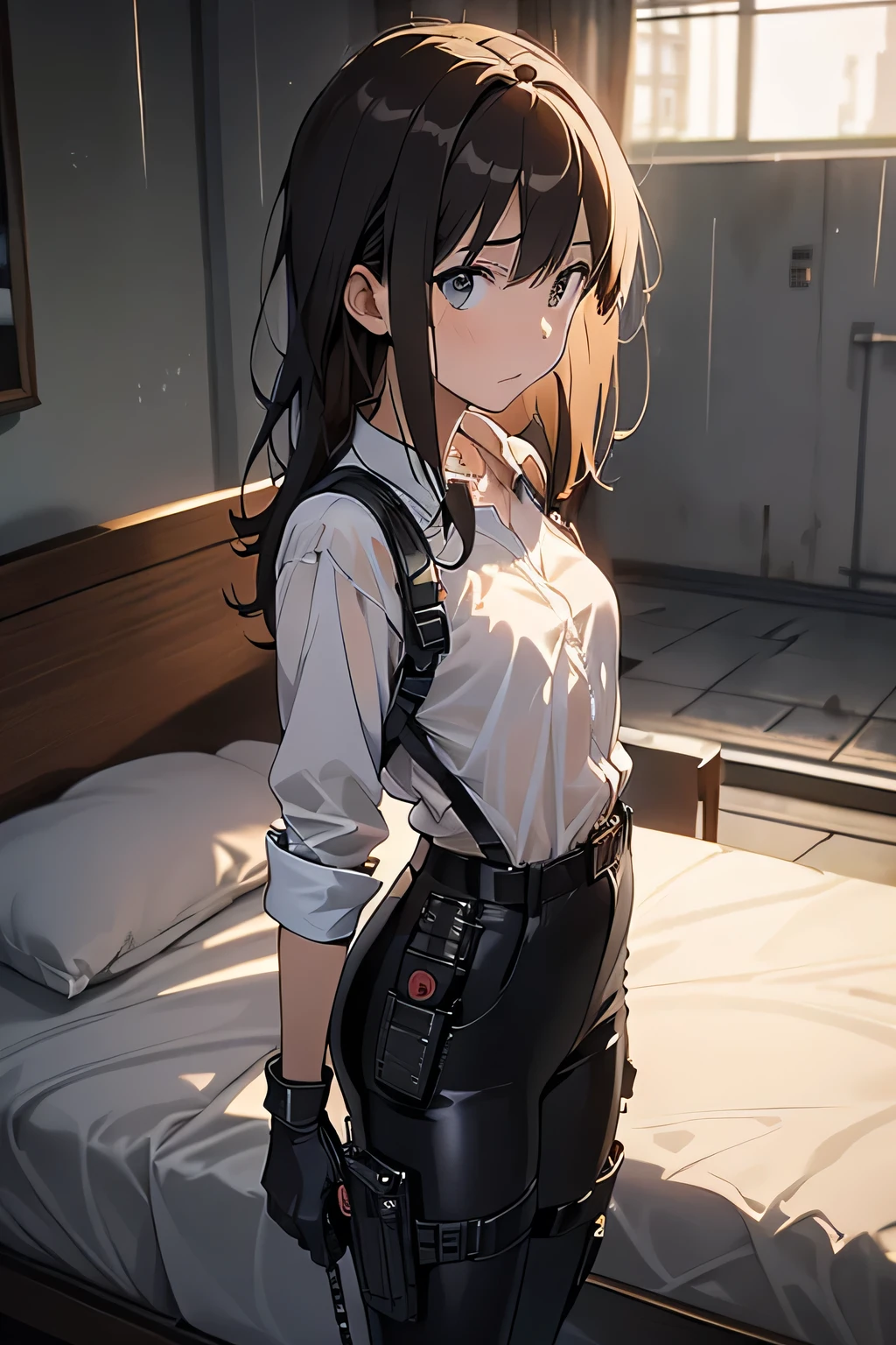 1 female, , high quality, masterpiece, Ultra-high resolution, , Cinema Lighting, , , And the suspenders with the cranes flying　　　Large Breasts　 　 　　　　Small face　 　　　holster　　　　　　　 Lying in bed　Looking up　　　　Sweat 　　　belt　summer　　Black Hole Gloves　suit　shirt　　　 Black trousers　Leg Links　ズボンにbelt　　holster　 　　Hands behind your back　 Anxious expression　Looking up　Anxious face, legs apart　Armament　Handgun　handcuffs　Cable ties　holster　holster　See-through clothing　heavy rain　Getting wet in the rain
