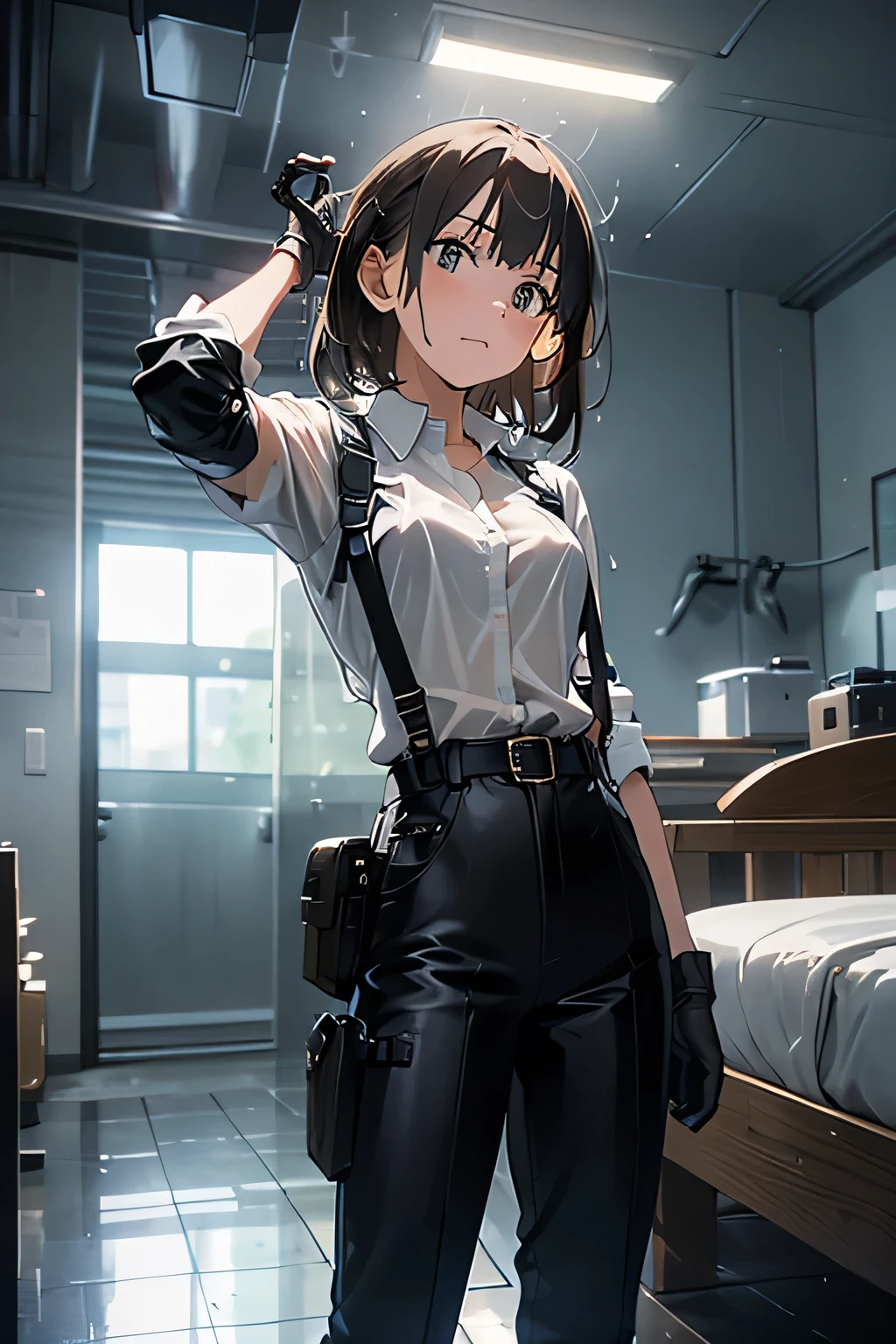 1 female, , high quality, masterpiece, Ultra-high resolution, , Cinema Lighting, , , And the suspenders with the cranes flying Large Breasts Small face holster Lying in bed Looking up Sweat belt summer Black Hole Gloves suit shirt Black trousers Leg Links ズボンにbelt holster Hands behind your back Anxious expression Looking up Anxious face, legs apart Armament Handgun handcuffs Cable ties holster holster See-through clothing heavy rain Getting wet in the rain