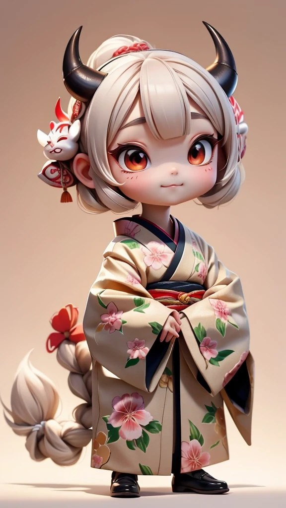 Full body view, standing from the front, both arms and both legs clearly visible,"A cute, childlike Hannya with soft, endearing features. She has small, playful horns and a mask-like face that blends elements of traditional Hannya with an endearing, innocent expression. Her eyes are large and bright, and she has a gentle smile instead of the typical stern expression. Her skin is pale and soft-toned, and she wears an attractive kimono decorated with delicate floral patterns. Her hair is childlike, possibly in a braid or a bob cut. The background is in light pastels to accentuate her cuteness, creating a familiar and captivating atmosphere."Wearing a cute demon mask