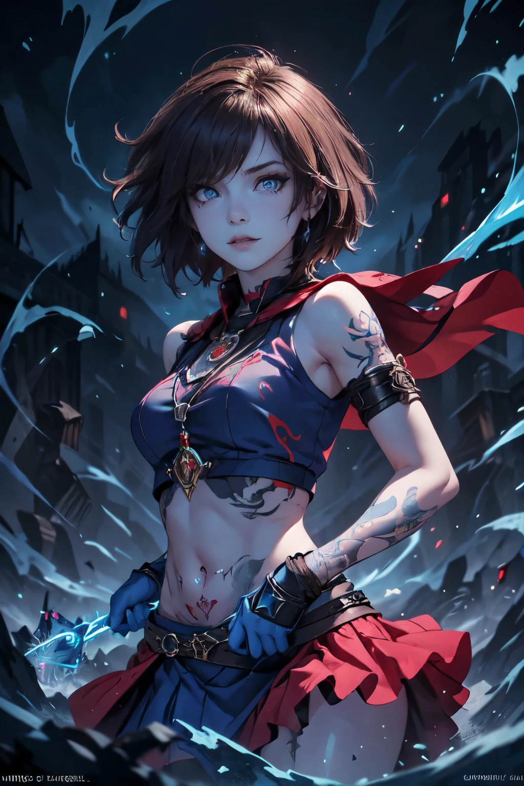 ((extreme detail)),(ultra-detailed), extremely detailed CG unity 8k wallpaper, velvet, figurine, red hood, crop top, star headdress, puffy sleeves, lips, looking away, close-up, head turn, black backgroundHD lighting and dark )<=(epic image quality)dark atmosphere with bright particle light(many effects in background)