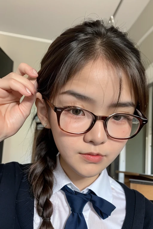 Korean Asian woman wearing glasses , with glasses, korean girl, thick glasses, age is 1, 2 , thicc, 2, beautiful asian girl, asian girl, young and cute girl, with glasses on, spectacled, cutecore, big glass, Cat girl is so cute....,japanese school uniform,braid,Red-Haired