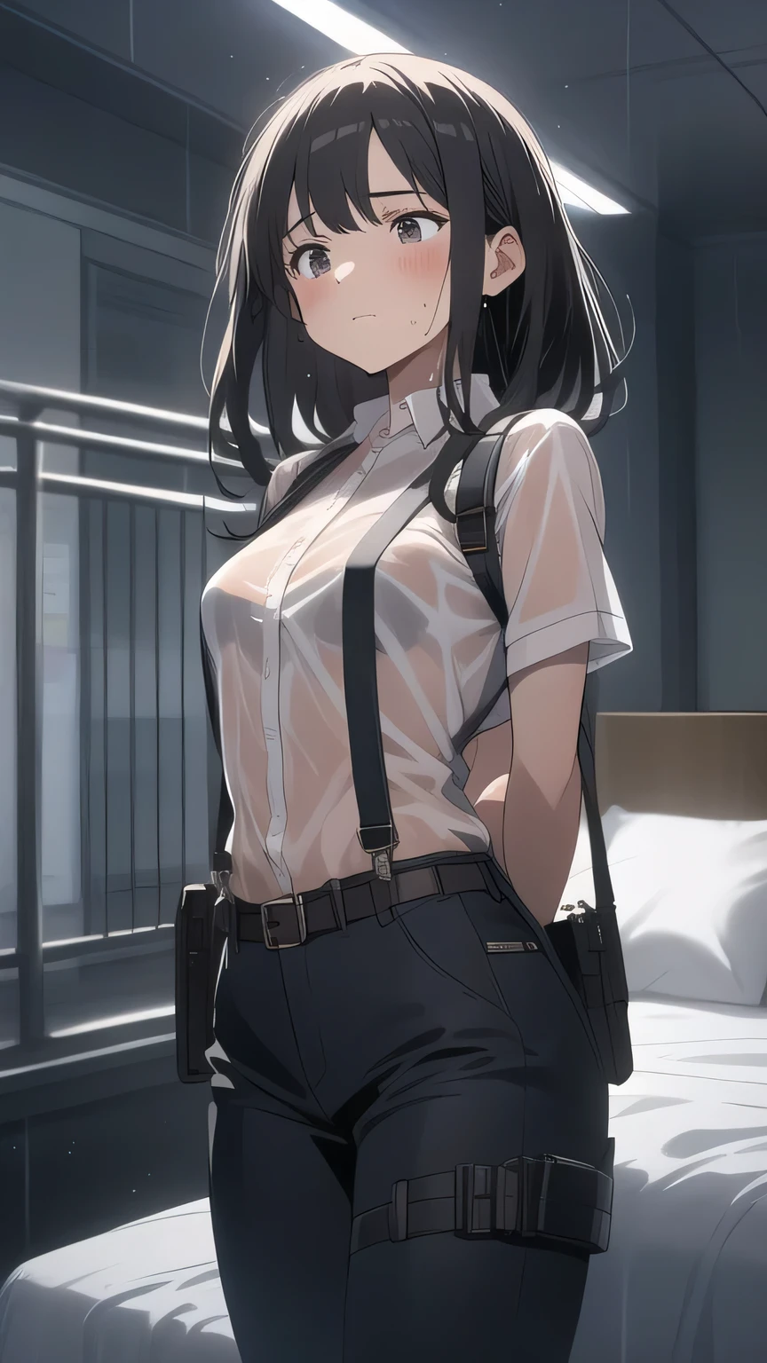 1 female, , high quality, masterpiece, Ultra-high resolution, , Cinema Lighting, , , And the suspenders with the cranes flying Large Breasts Small face holster Lying in bed Looking up Sweat belt summer Black Hole Gloves suit shirt Black trousers Leg Links ズボンにbelt holster Hands behind your back Anxious expression Looking up Anxious face, legs apart Armament Handgun handcuffs Cable ties holster holster See-through clothing heavy rain Getting wet in the rain