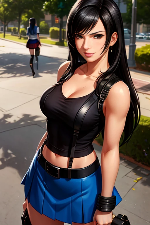 a close up of a cartoon of a woman in a blue top and black skirt, realistic schoolgirl, hyperrealistic schoolgirl, seductive anime girl, a hyperrealistic schoolgirl, beautiful alluring anime teen, seductive tifa lockhart portrait, nico robin, tifa lockhart, beautiful alluring anime woman, comic digital art, style ivan talavera and artgerm