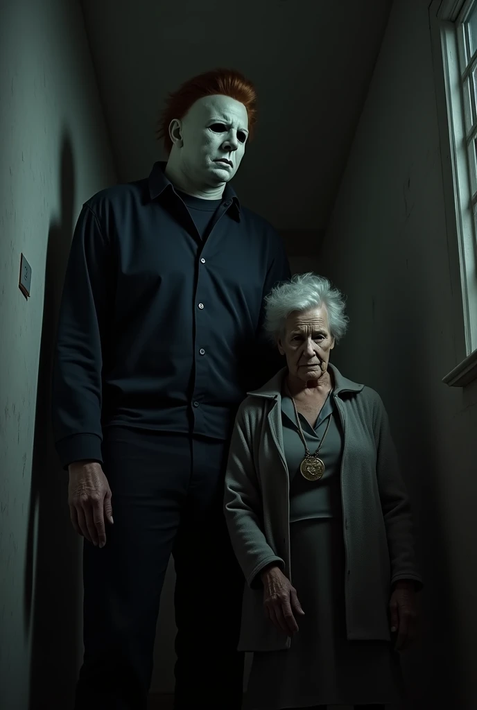 Old woman and 20-year-old boy with scared faces, hyperrealistic, in a dark room, lightning falling, gloomy atmosphere, dark shadow with long cape approaches her with skull-like face, spider web in the form of vapor on the window, sleep paralysis