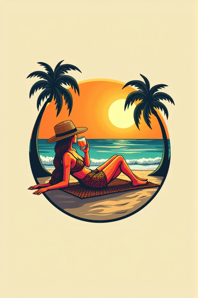 "Hand drawn nostalgic t-shirt design,Sunny Beach is a beautiful landscape,Bikini woman walking, The shadow of the coconut tree falls gracefully. Add dynamic characters to enhance visual storytelling."