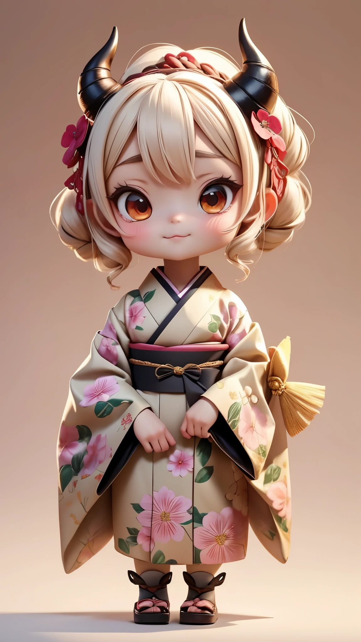 Full body view, standing from the front, both arms and both legs clearly visible,"A cute, childlike Hannya with soft, endearing features. She has small, playful horns and a mask-like face that blends elements of traditional Hannya with an endearing, innocent expression. Her eyes are large and bright, and she has a gentle smile instead of the typical stern expression. Her skin is pale and soft-toned, and she wears an attractive kimono decorated with delicate floral patterns. Her hair is childlike, possibly in a braid or a bob cut. The background is in light pastels to accentuate her cuteness, creating a familiar and captivating atmosphere."Wearing a cute demon mask