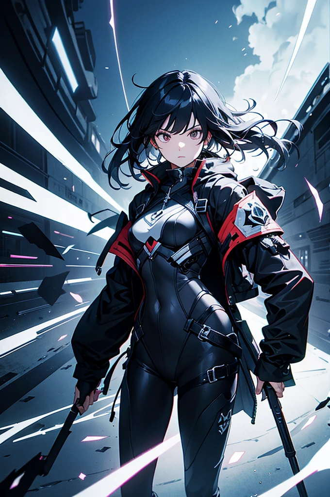 A woman,matured, perfect anatomy, cyberpunk gas mask,long pony tail hair(black hair),red aura,red magic circle,long samurai sword, cinematic lighting, cinematic angle,