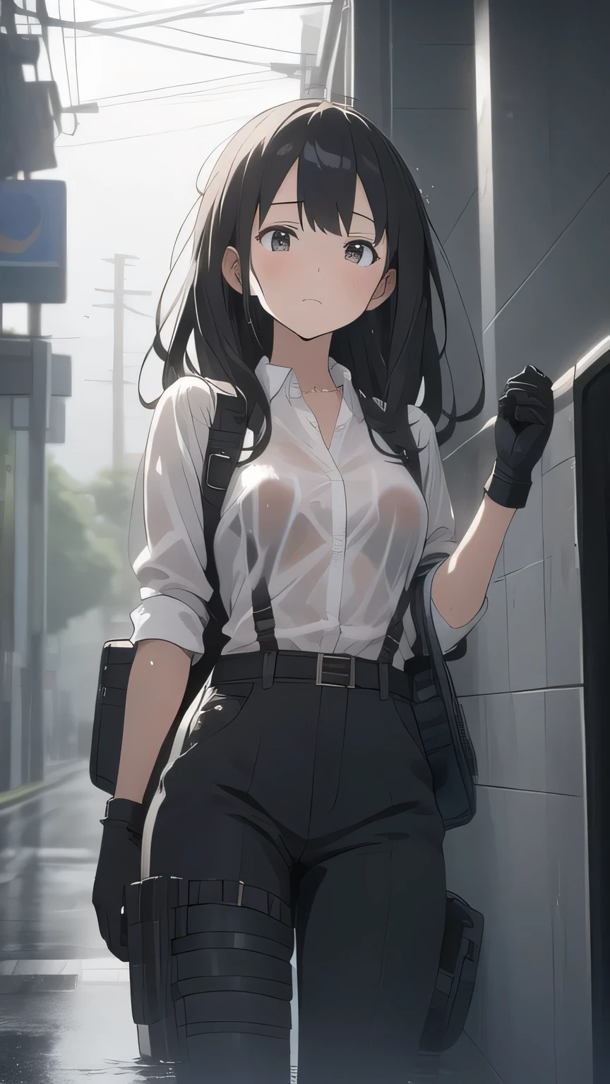1 female, , high quality, masterpiece, Ultra-high resolution, , Cinema Lighting, , , And the suspenders with the cranes flying　　　Large Breasts　 　 　　　　Small face　 　　　holster　　　　　　　 Lying in bed　Looking up　　　　Sweat 　　　belt　summer　　Black Hole Gloves　suit　shirt　　　 Black trousers　Leg Links　ズボンにbelt　　holster　 　　Hands behind your back　 Anxious expression　Looking up　Anxious face, legs apart　Armament　Handgun　handcuffs　Cable ties　holster　holster　See-through clothing　heavy rain　Getting wet in the rain
