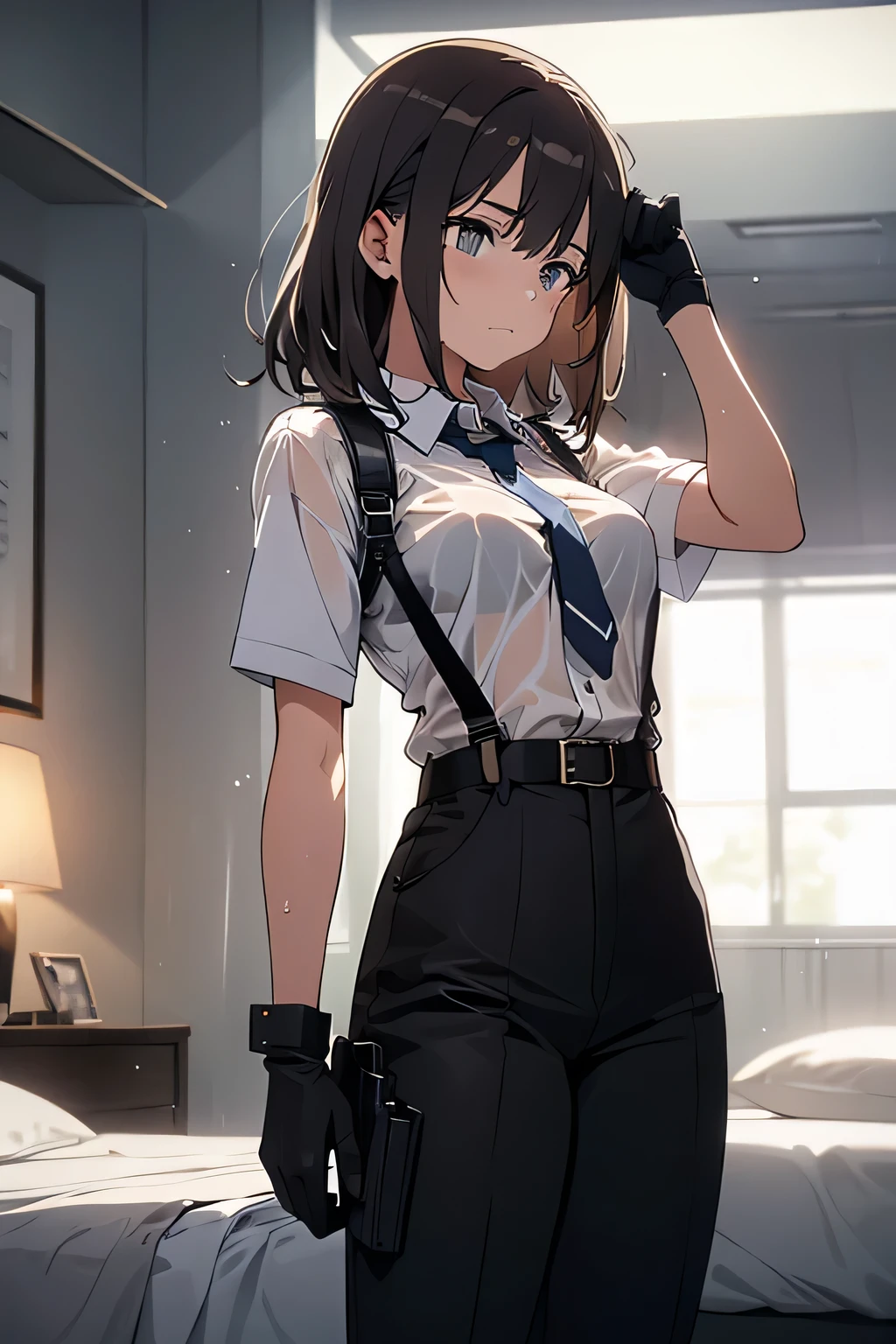 1 female, , high quality, masterpiece, Ultra-high resolution, , Cinema Lighting, , , And the suspenders with the cranes flying Large Breasts Small face holster Lying in bed Looking up Sweat belt summer Black Hole Gloves suit shirt Black trousers Leg Links ズボンにbelt holster Hands behind your back Anxious expression Looking up Anxious face, legs apart Armament Handgun handcuffs Cable ties holster holster See-through clothing heavy rain Getting wet in the rain