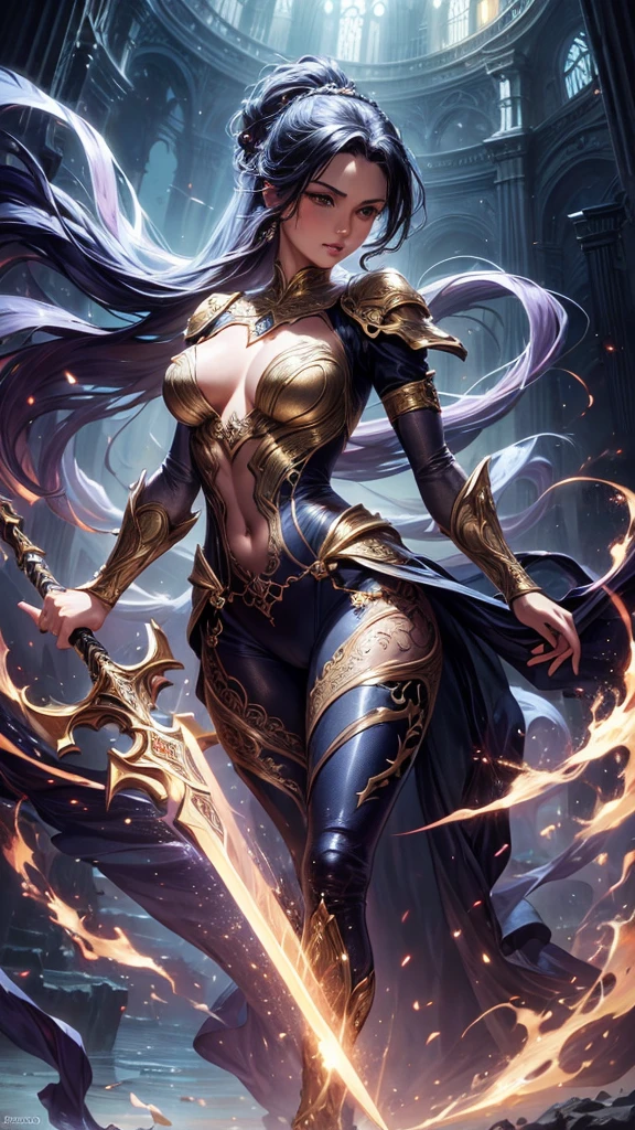 A woman with ponytrail in a transparent silk golden Bodysuit, with silk sleeves, feetcam, in a hand a sword, worror, fighter, detailed facial features, long eyelashes, beautiful detailed eyes, beautiful detailed lips, extremely detailed face, dynamic pose, mystic backround, realistic digital painting, masterpiece, photorealistic, 8k, ultra-detailed, vivid colors, chiaroscuro lighting, dramatic lighting, cinematic composition, Jose Royo art style