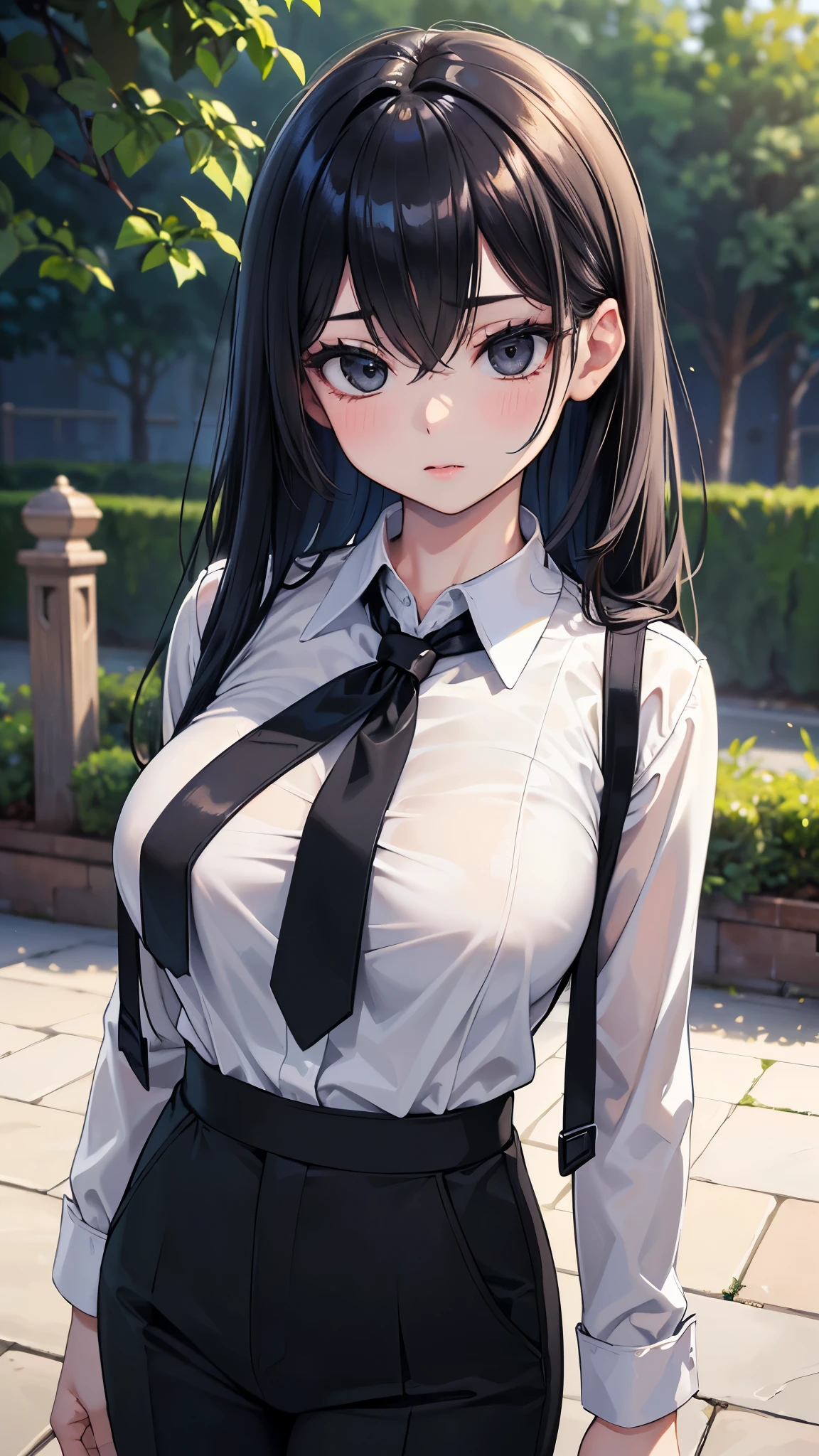 (masterpiece, 最high quality, 超High resolution, Very detailed), (Realistic:1.1, photoRealistic:1.4), Perfect illustration, Perfect lighting,Perfectly detailed hair, Perfect and exquisite face, Perfect collarbone, Perfect body,Juicy breasts, Perfect Thighs, Beautiful legs, View your audience, 1 person,Perfect Face, (Perfect Anatomy, Anatomically correct), Symmetrical face、((Shiny Hair)),Sexy Body、(masterpiece),(最high quality:1.3),8k,Very clear,(Ultra-realistic),Captivating woman,(high quality, High resolution, The finer details), Realisticなスタイルの女性,Juicy breasts、Perfect Woman、Perfect Face、Symmetrical face、Baby Face、((Big breasts))、blush、((Juicy lips))、Cowboy Shot、(((A single braid of black hair)))、((Large, double-set black eyes、Long eyelashes))、(Red Makeup)、(((tie、shirt)))、((Black high waist pants))、(Healthy and well-developed body)、((Big tits jk))、((Wide Hips))、(Outdoor、On the road)